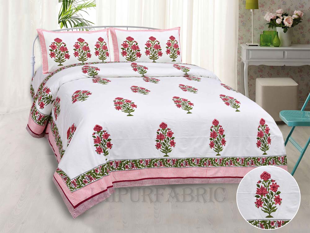 Organic Pink Floral Fine Cotton Hand Block King Size Bedsheet Set