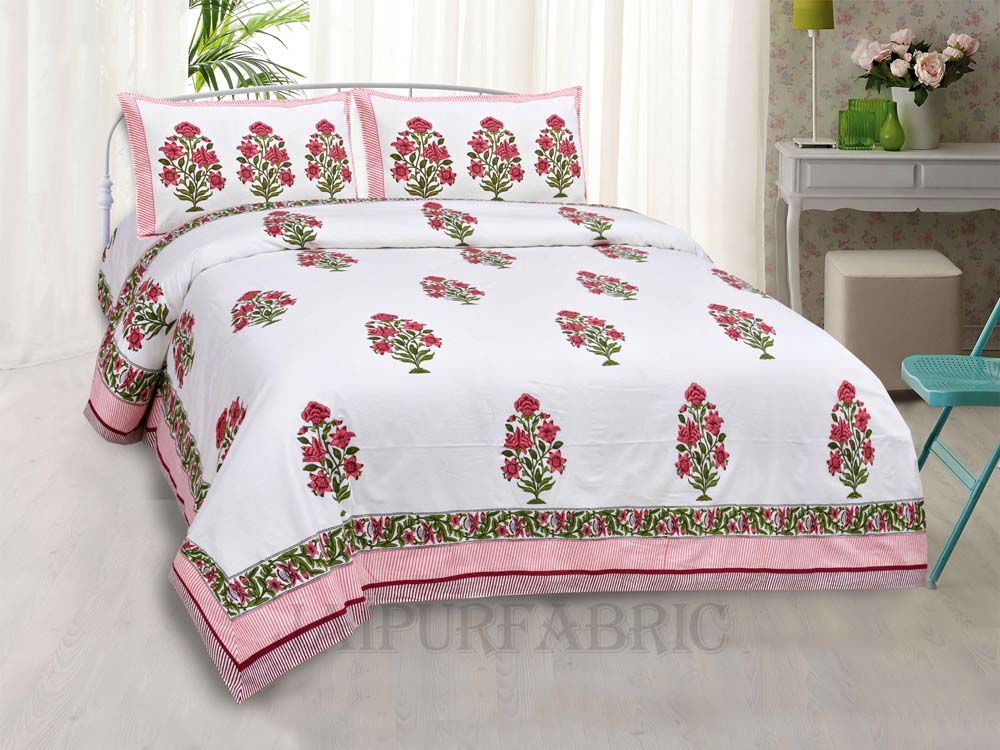 Organic Pink Floral Fine Cotton Hand Block King Size Bedsheet Set