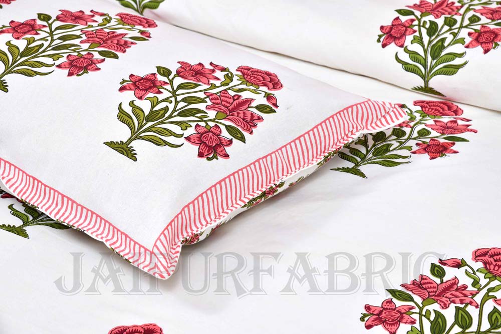 Organic Pink Floral Fine Cotton Hand Block King Size Bedsheet Set