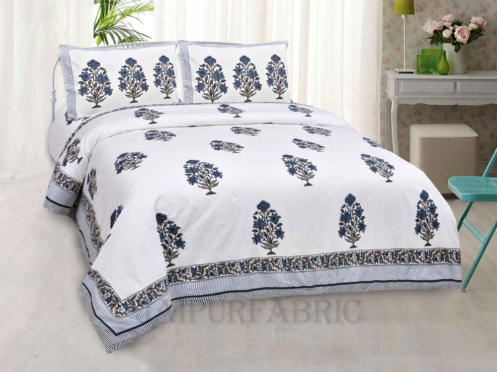 Organic Grey Floral Bunch Fine Cotton Hand Block King Size Bedsheet Set