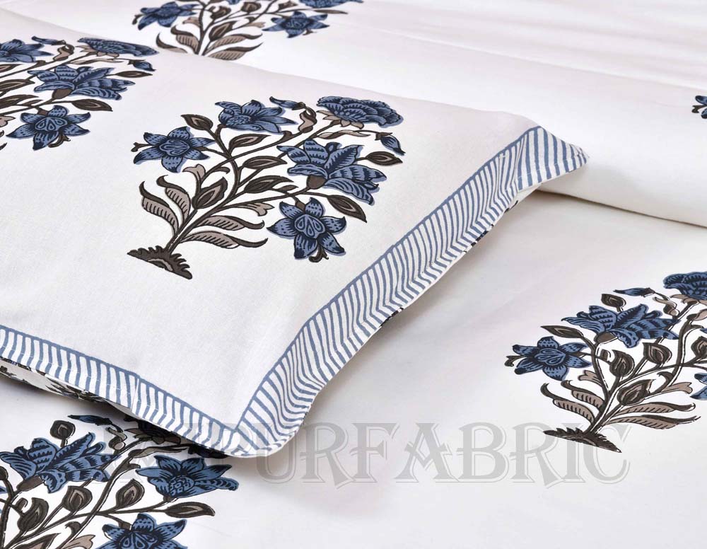 Organic Grey Floral Bunch Fine Cotton Hand Block King Size Bedsheet Set