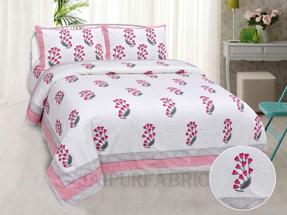 Charming Rose Pink Fine Cotton Hand Block King Size Bedsheet Set