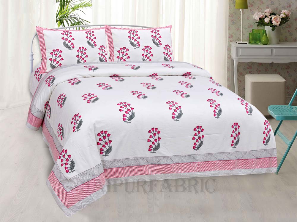 Charming Rose Pink Fine Cotton Hand Block King Size Bedsheet Set