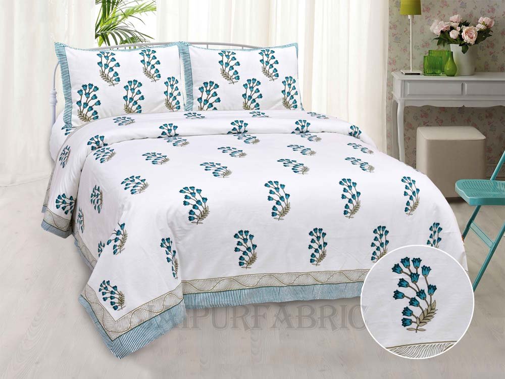 Charming Rose Blue Fine Cotton Hand Block King Size Bedsheet Set