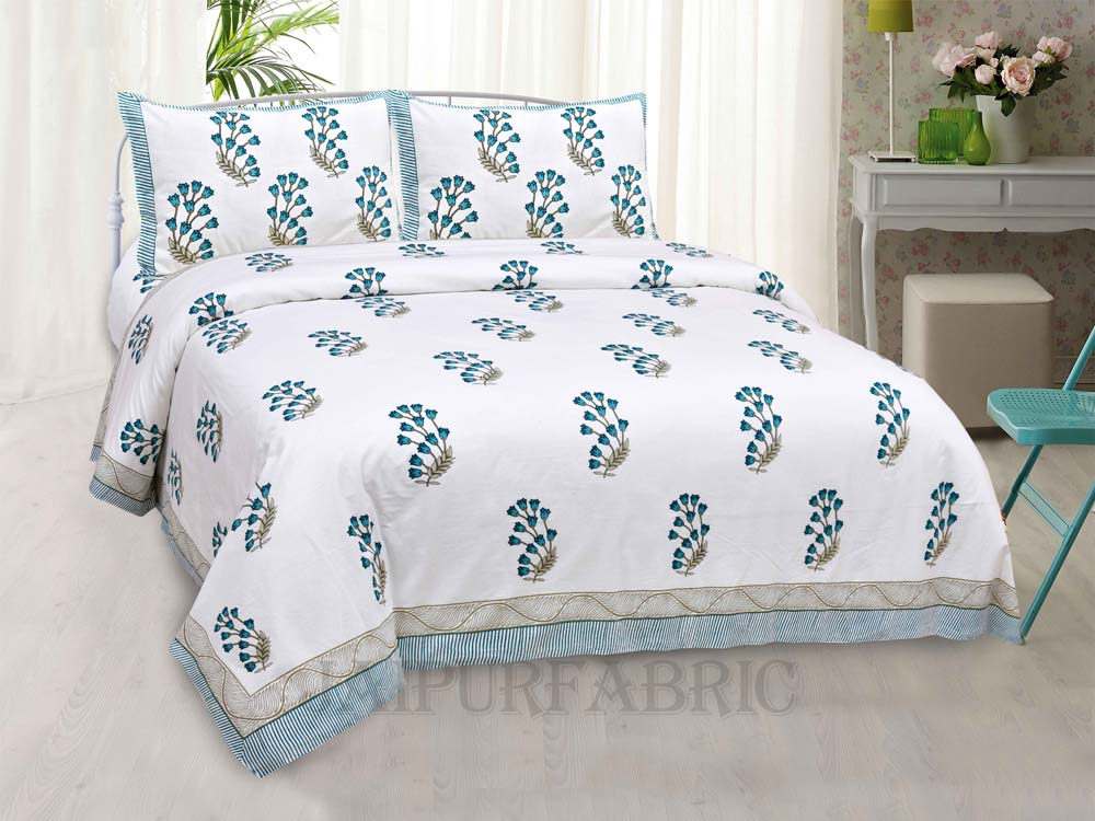 Charming Rose Blue Fine Cotton Hand Block King Size Bedsheet Set