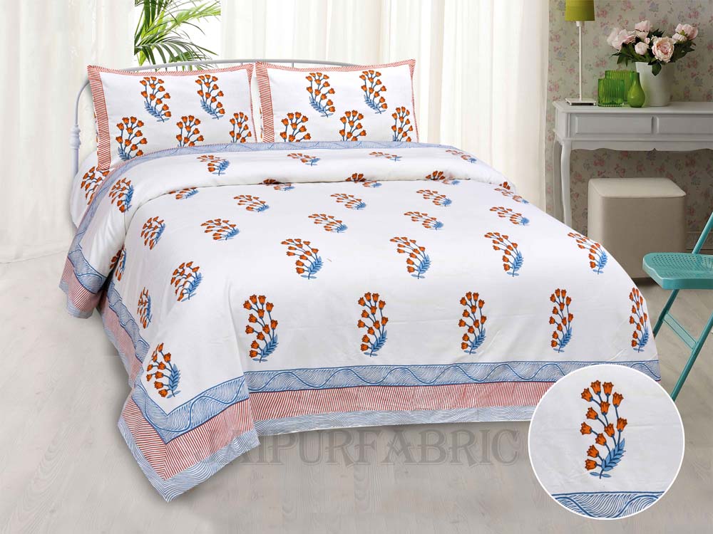 Charning Rose Mustard Fine Cotton Hand Block King Size Bedsheet Set