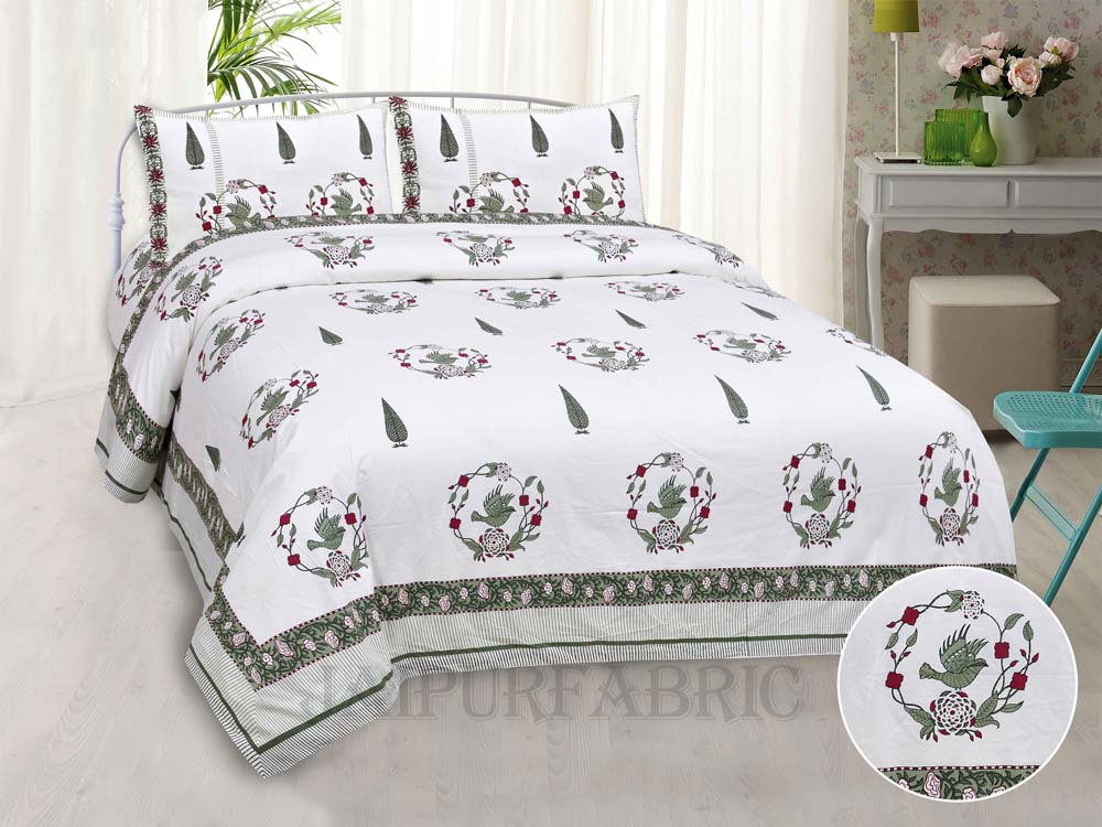 Pleasing Nest Green Fine Cotton Hand Block King Size Bedsheet Set