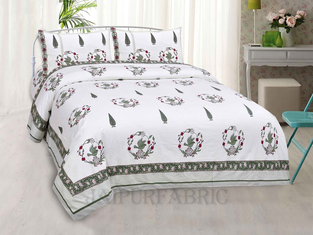 Pleasing Nest Green Fine Cotton Hand Block King Size Bedsheet Set