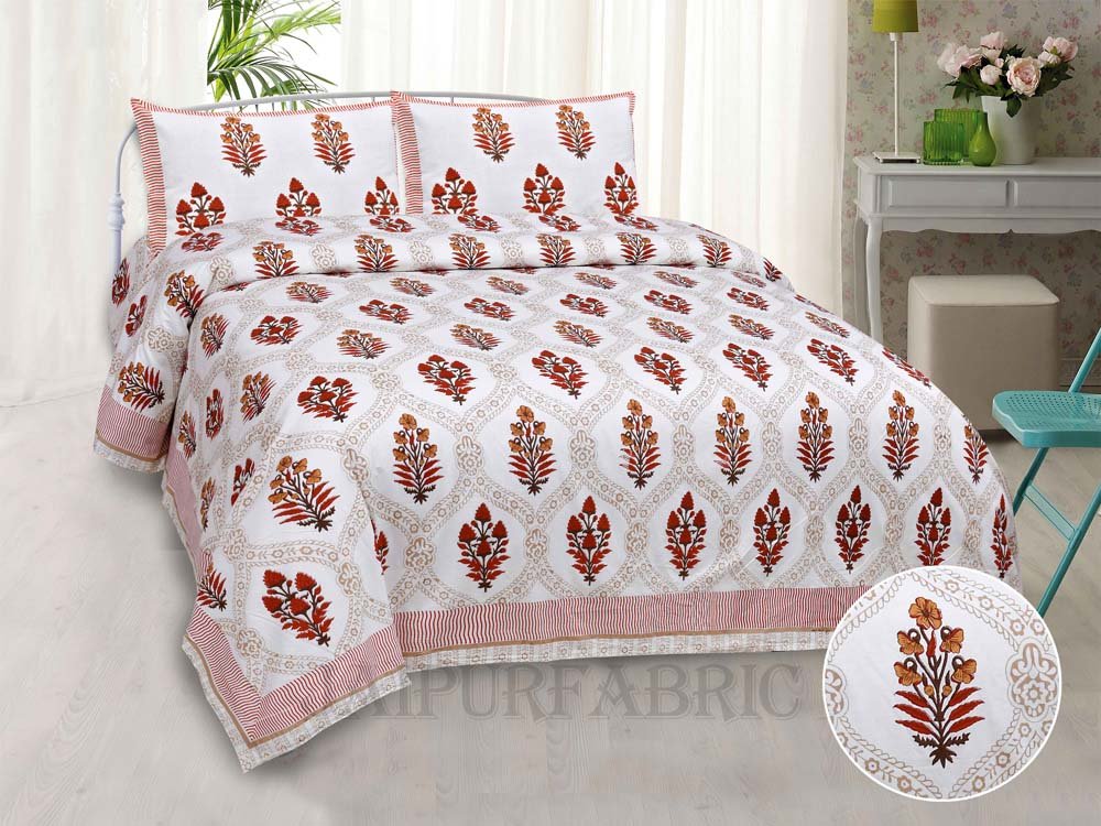 Jaal Peach Fine Cotton Hand Block King Size Bedsheet Set