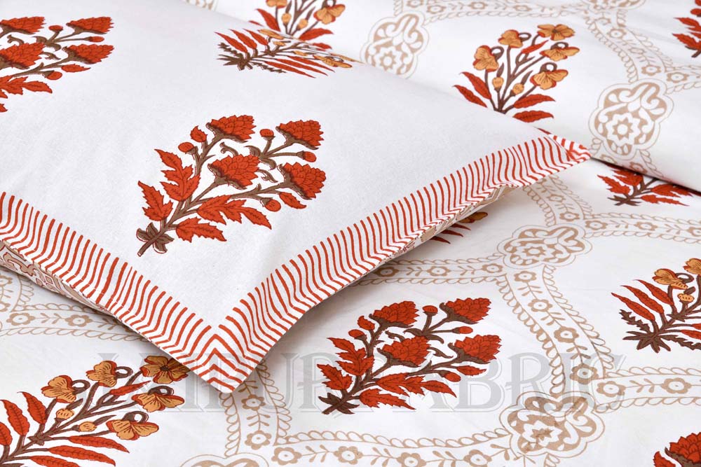 Jaal Peach Fine Cotton Hand Block King Size Bedsheet Set