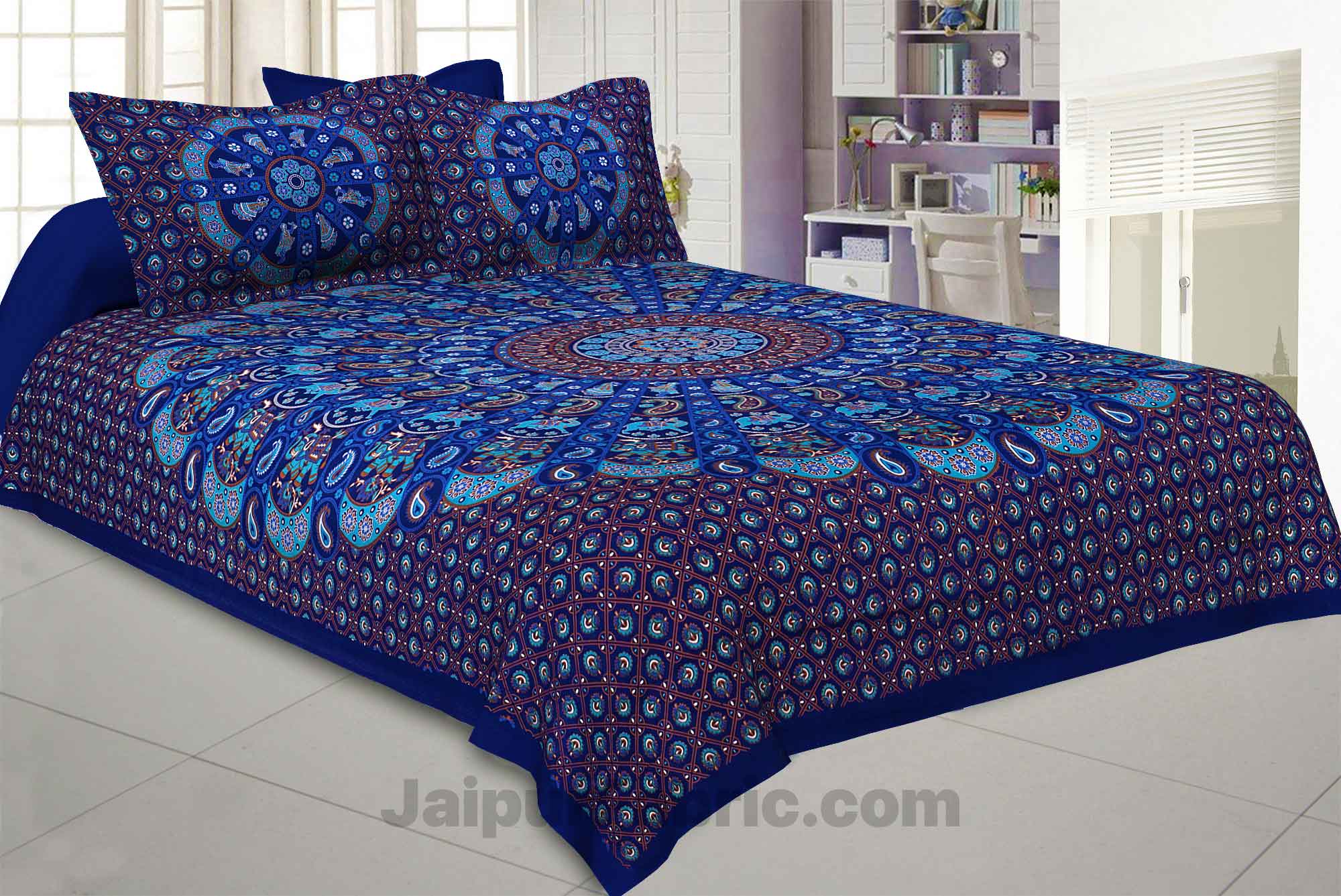 Pure Cotton Blue Mandala Traditional King Size Double Bedsheet with 2 Pillow Cover