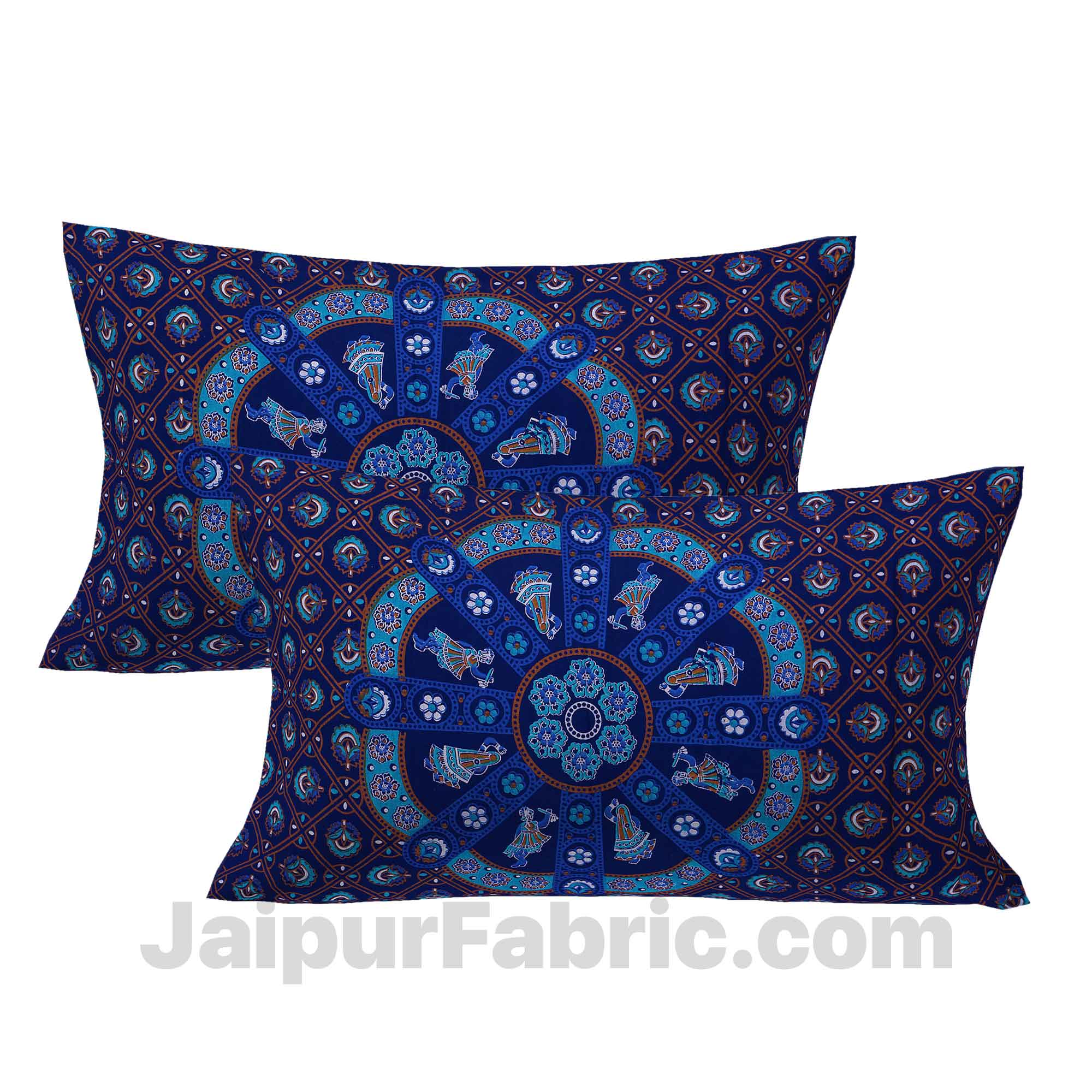 Pure Cotton Blue Mandala Traditional King Size Double Bedsheet with 2 Pillow Cover