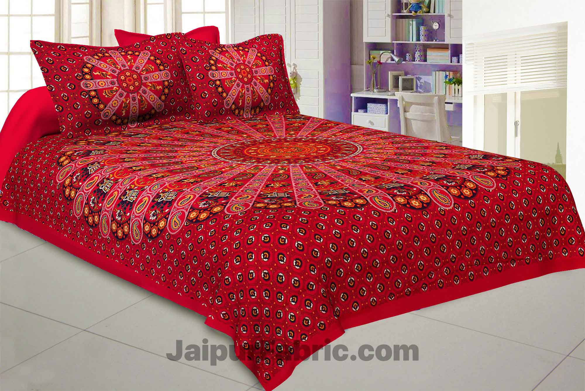 Pure Cotton Red Mandala Traditional King Size Double Bedsheet with 2 Pillow Cover