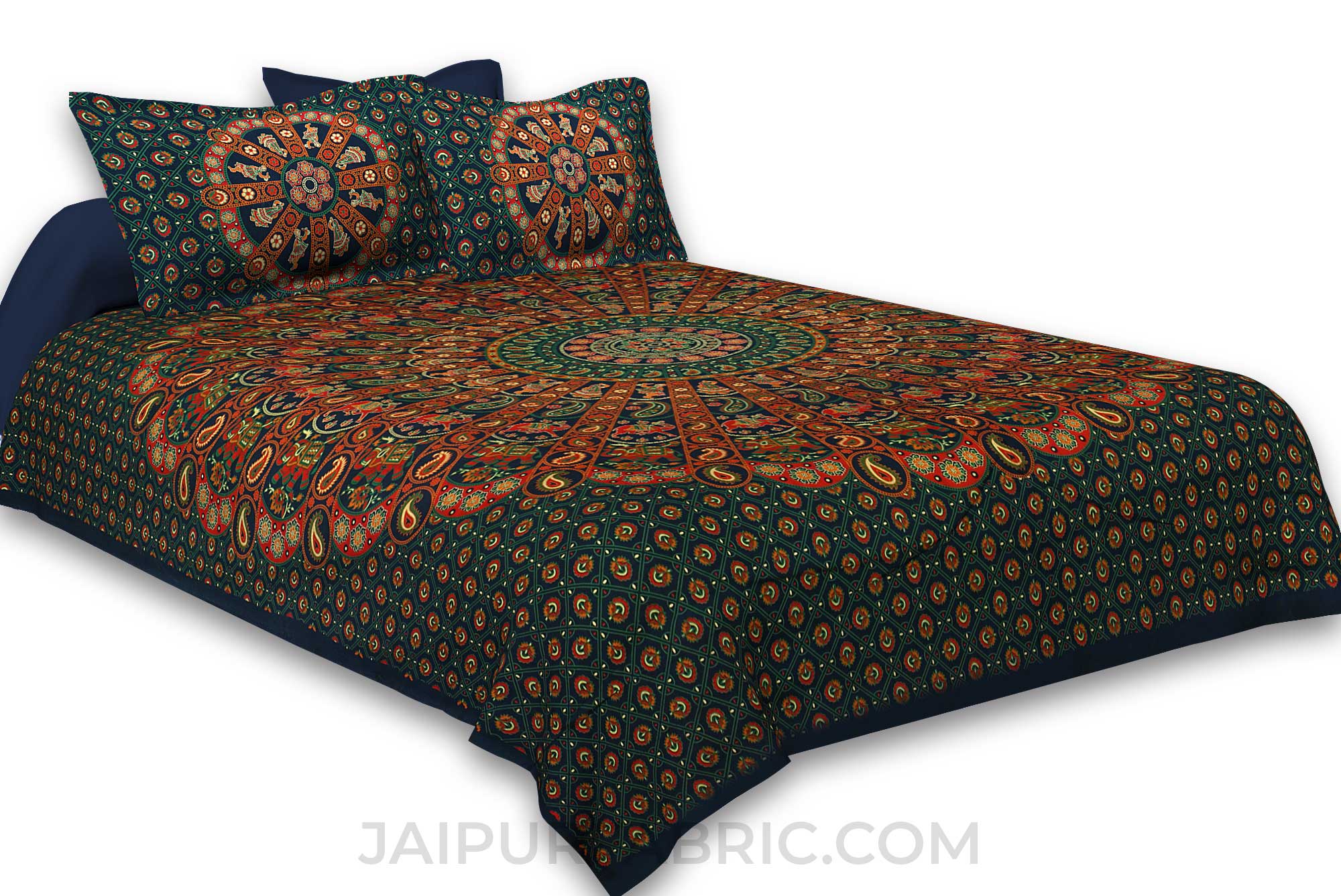 Pure Cotton Green Mandala Traditional King Size Double Bedsheet with 2 Pillow Cover