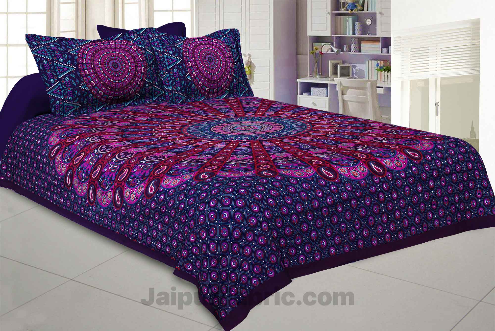 Pure Cotton Purple Mandala Traditional King Size Double Bedsheet with 2 Pillow Cover