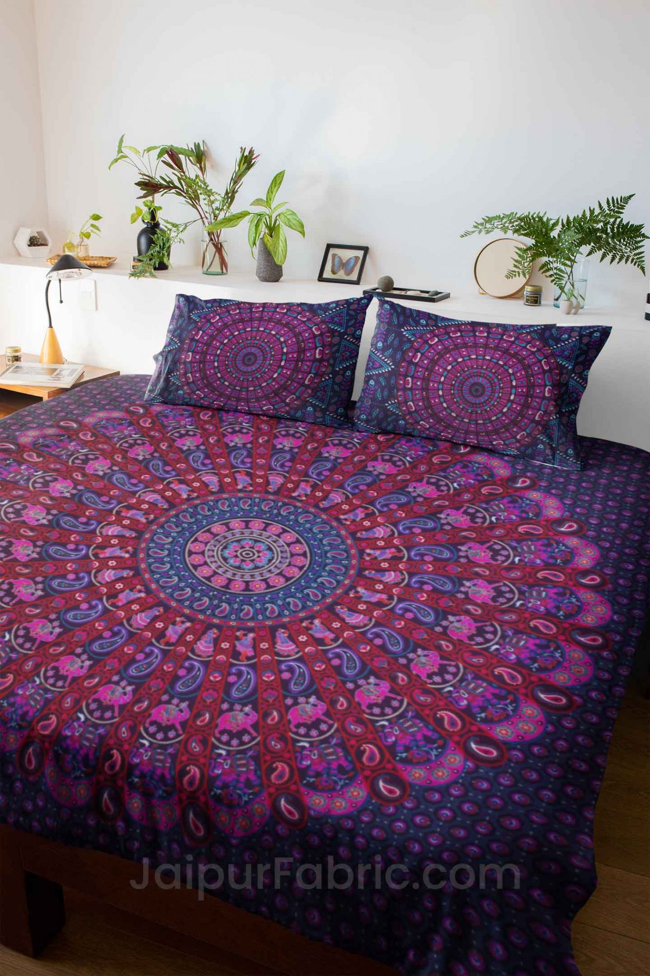 Pure Cotton Purple Mandala Traditional King Size Double Bedsheet with 2 Pillow Cover