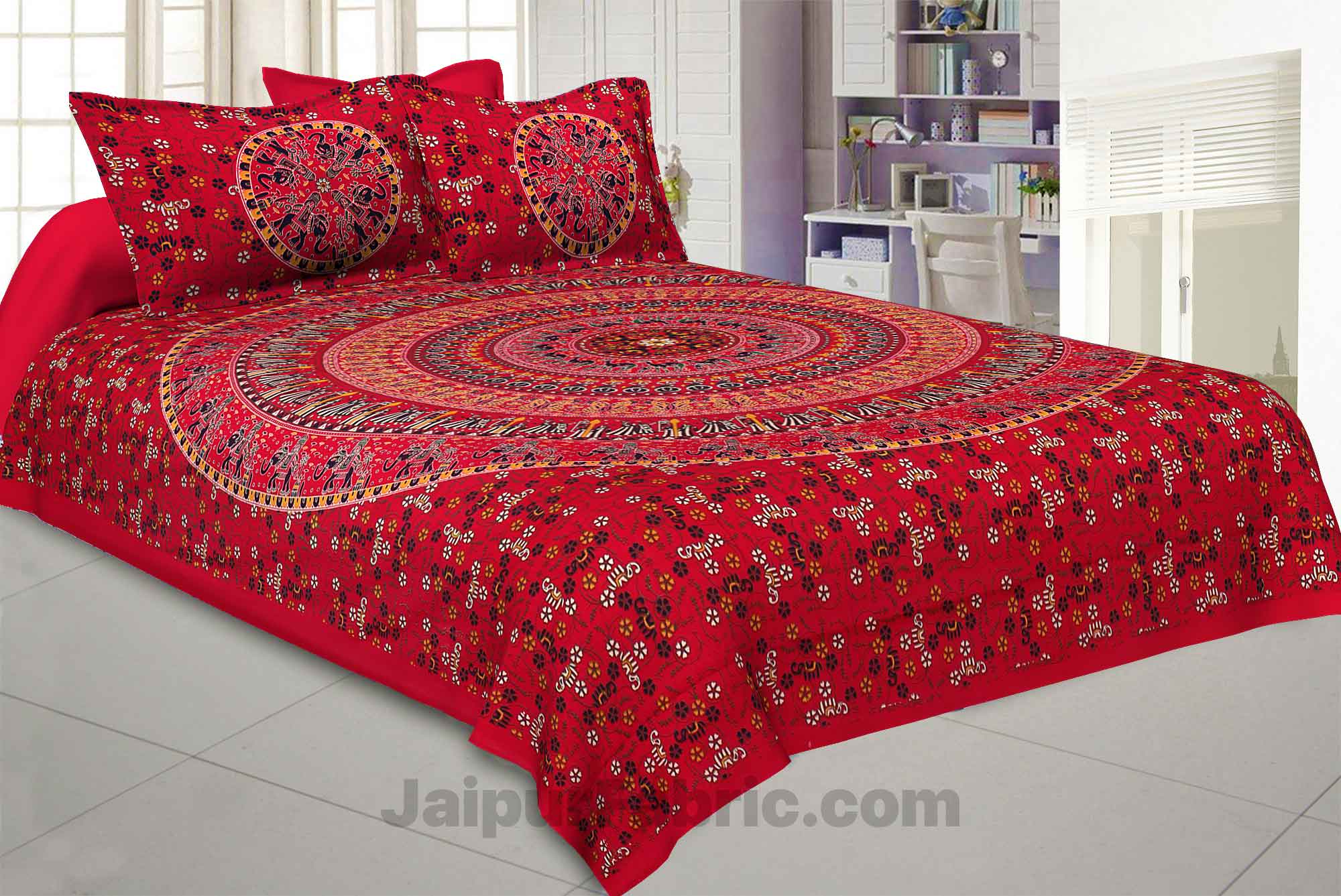 Pure Cotton Red Mandala Traditional Animal Print King Size Double Bedsheet with 2 Pillow Cover