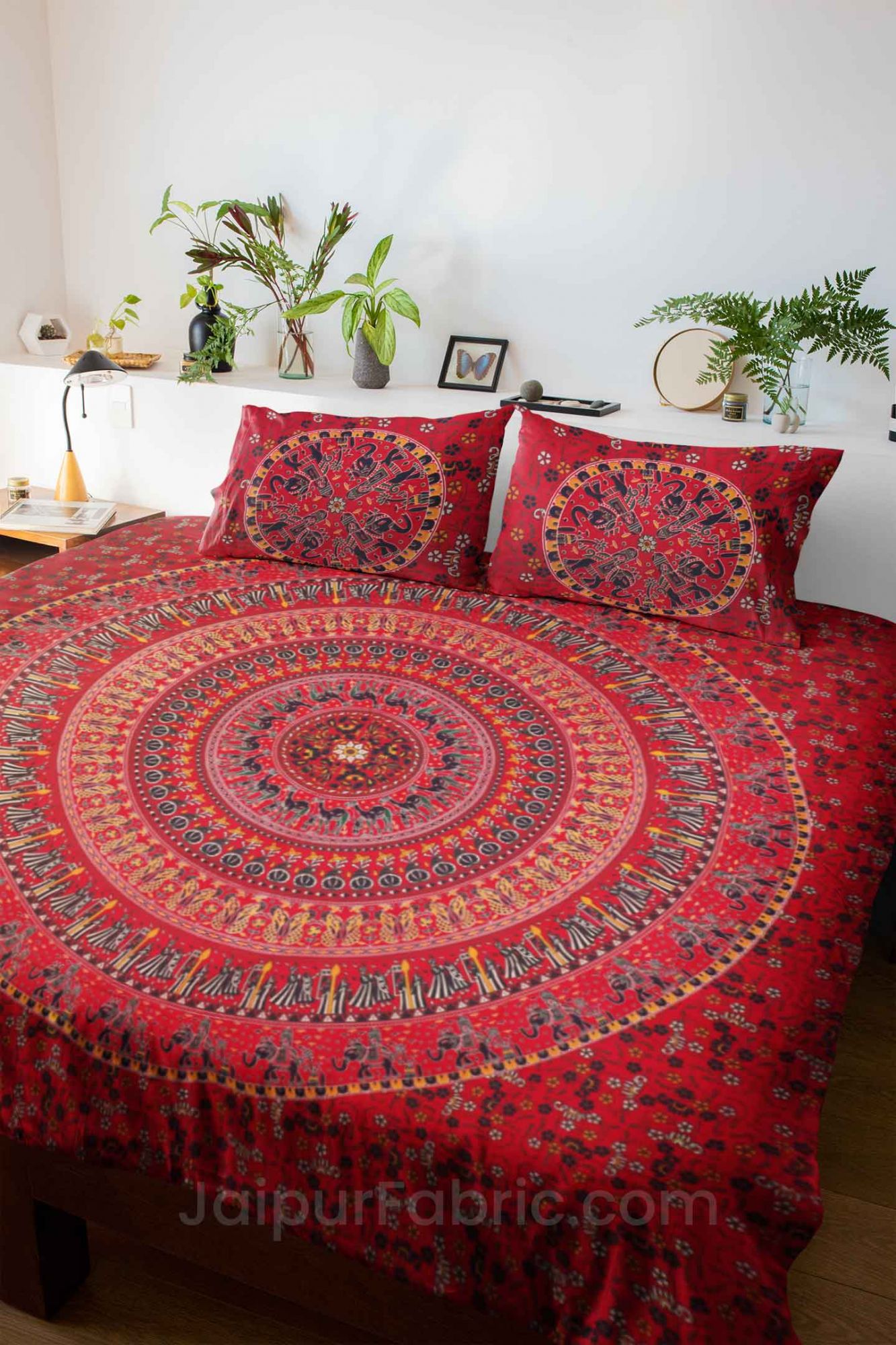 Pure Cotton Red Mandala Traditional Animal Print King Size Double Bedsheet with 2 Pillow Cover