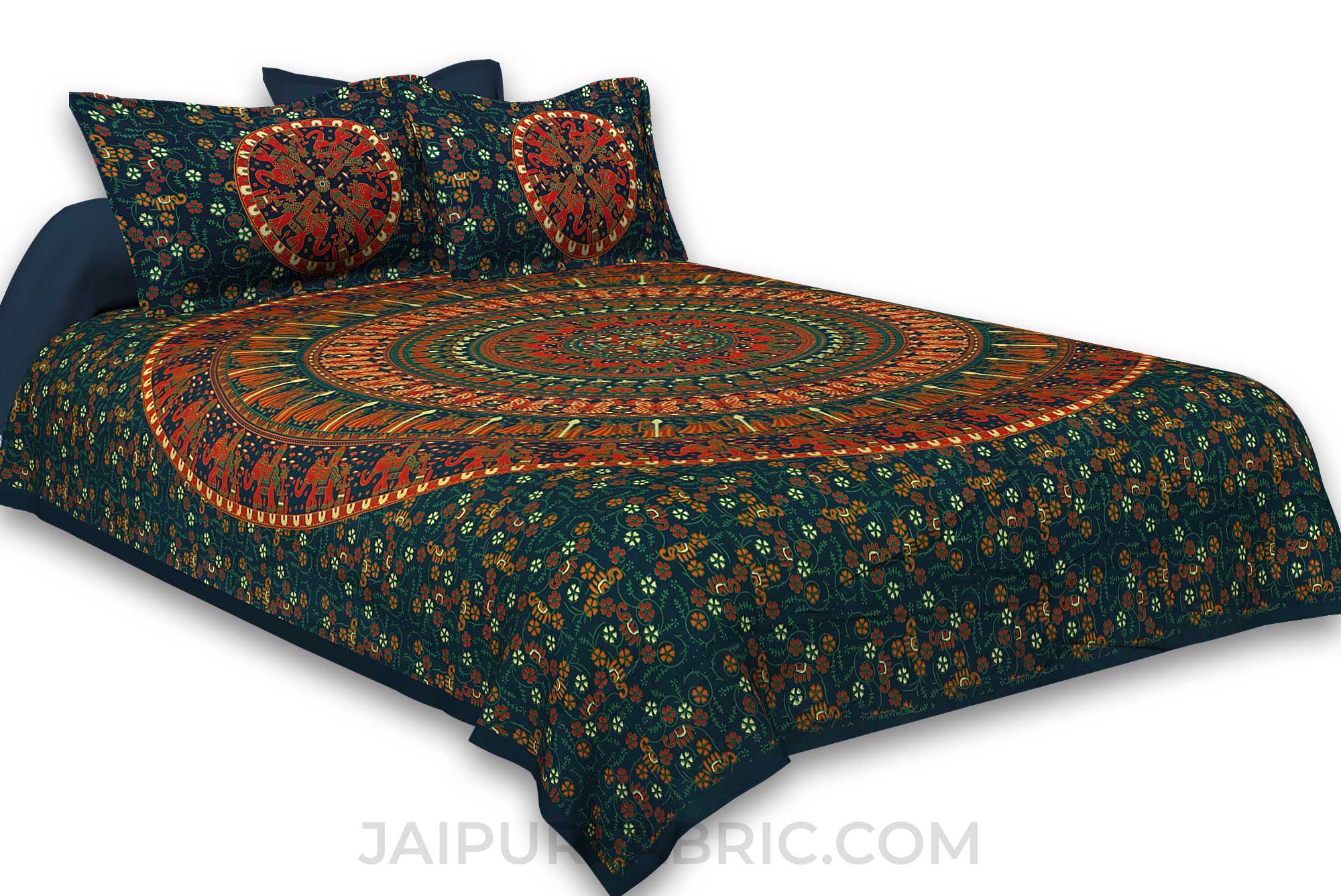 Pure Cotton Green Mandala Traditional Animal Print King Size Double Bedsheet with 2 Pillow Cover