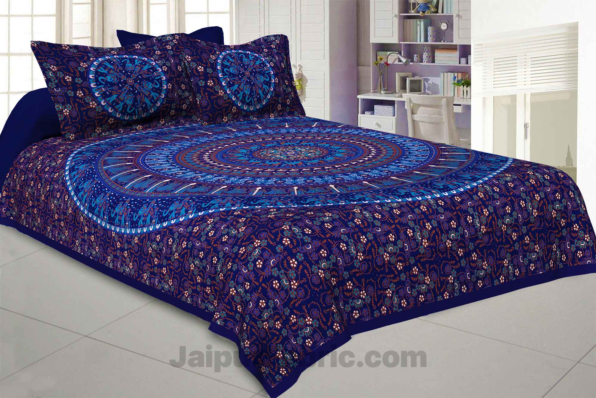 Pure Cotton Blue Mandala Traditional Animal Print King Size Double Bedsheet with 2 Pillow Cover