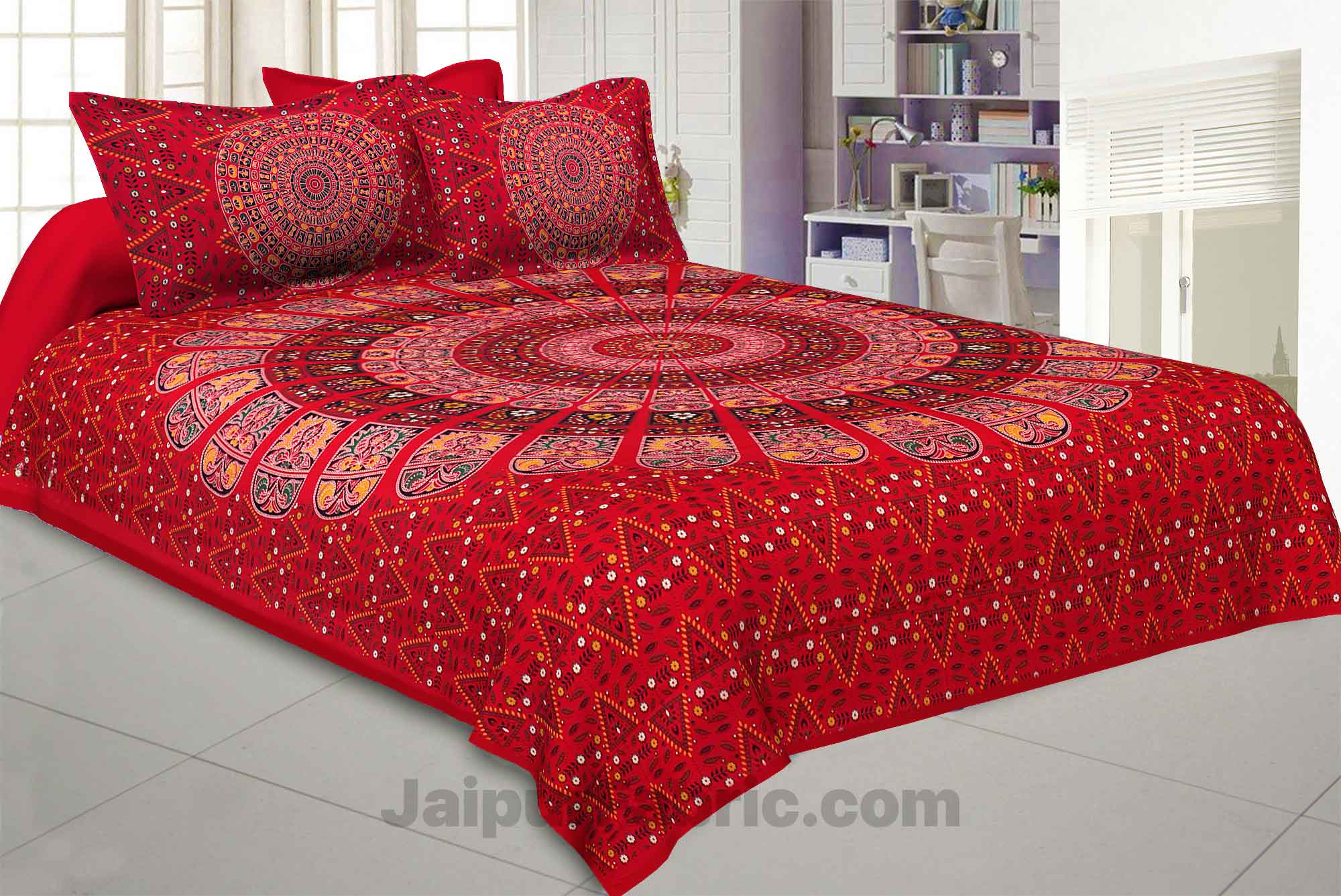 Pure Cotton Red Mandala Zig Zag Print King Size Double Bedsheet With 2 Pillow Covers