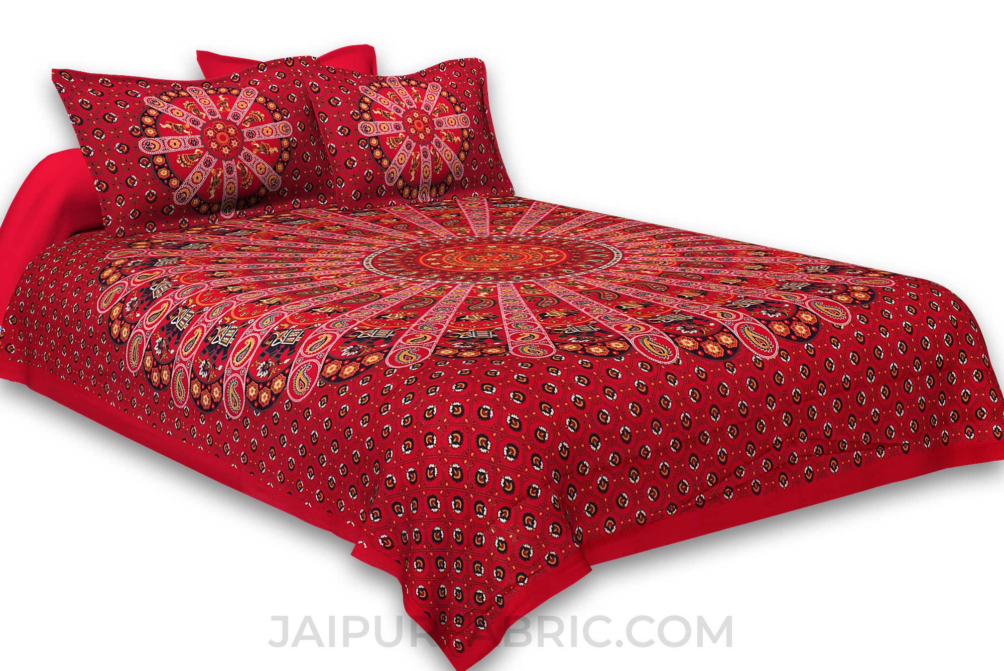 Pure Cotton Red Mandala Zig Zag Print King Size Double Bedsheet With 2 Pillow Covers