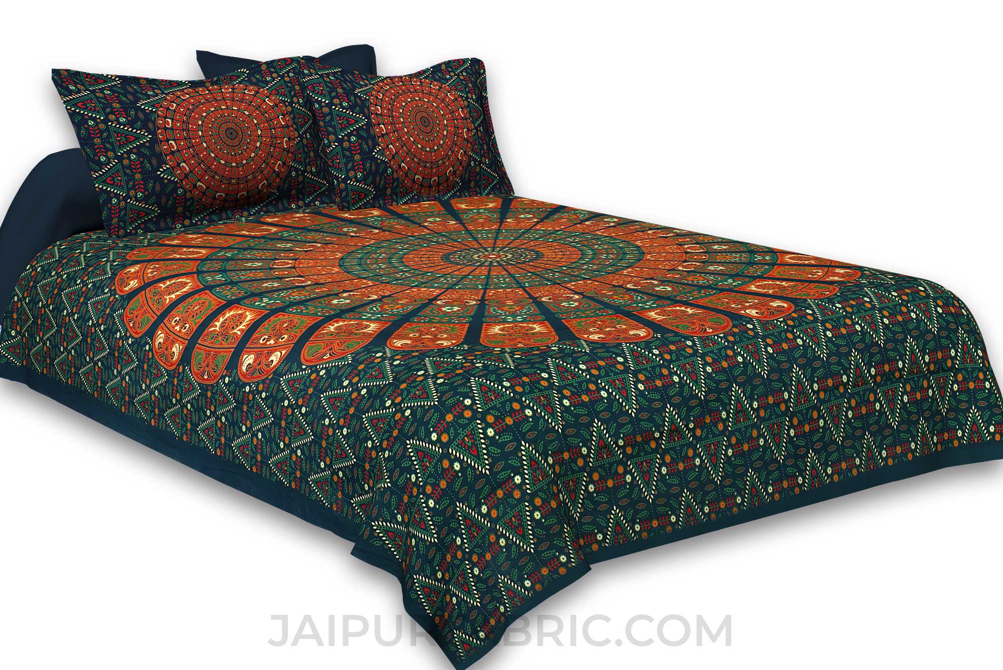 Pure Cotton Green Mandala Zig Zag Print King Size Double Bedsheet With 2 Pillow Covers