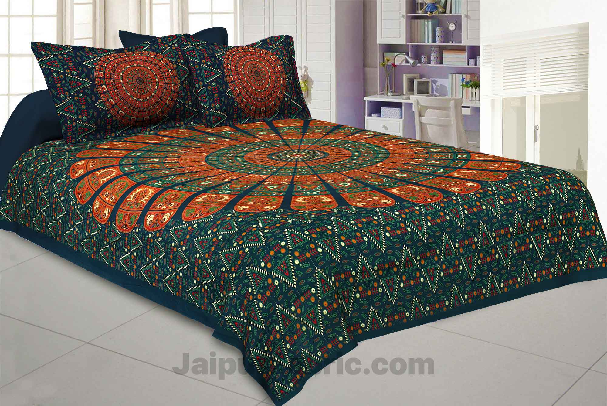 Pure Cotton Green Mandala Zig Zag Print King Size Double Bedsheet With 2 Pillow Covers