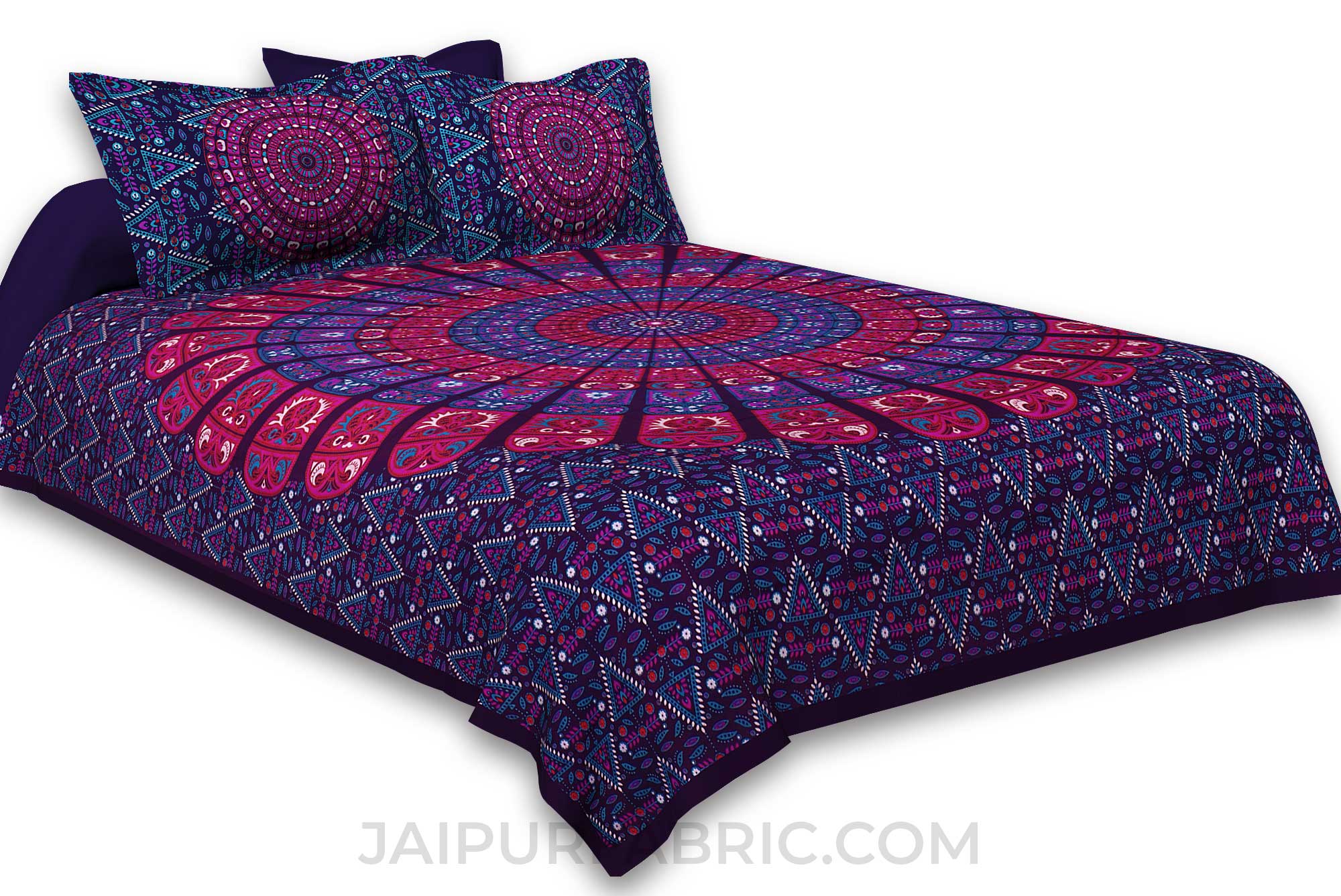 Pure Cotton Purple Mandala Zig Zag Print King Size Double Bedsheet With 2 Pillow Covers