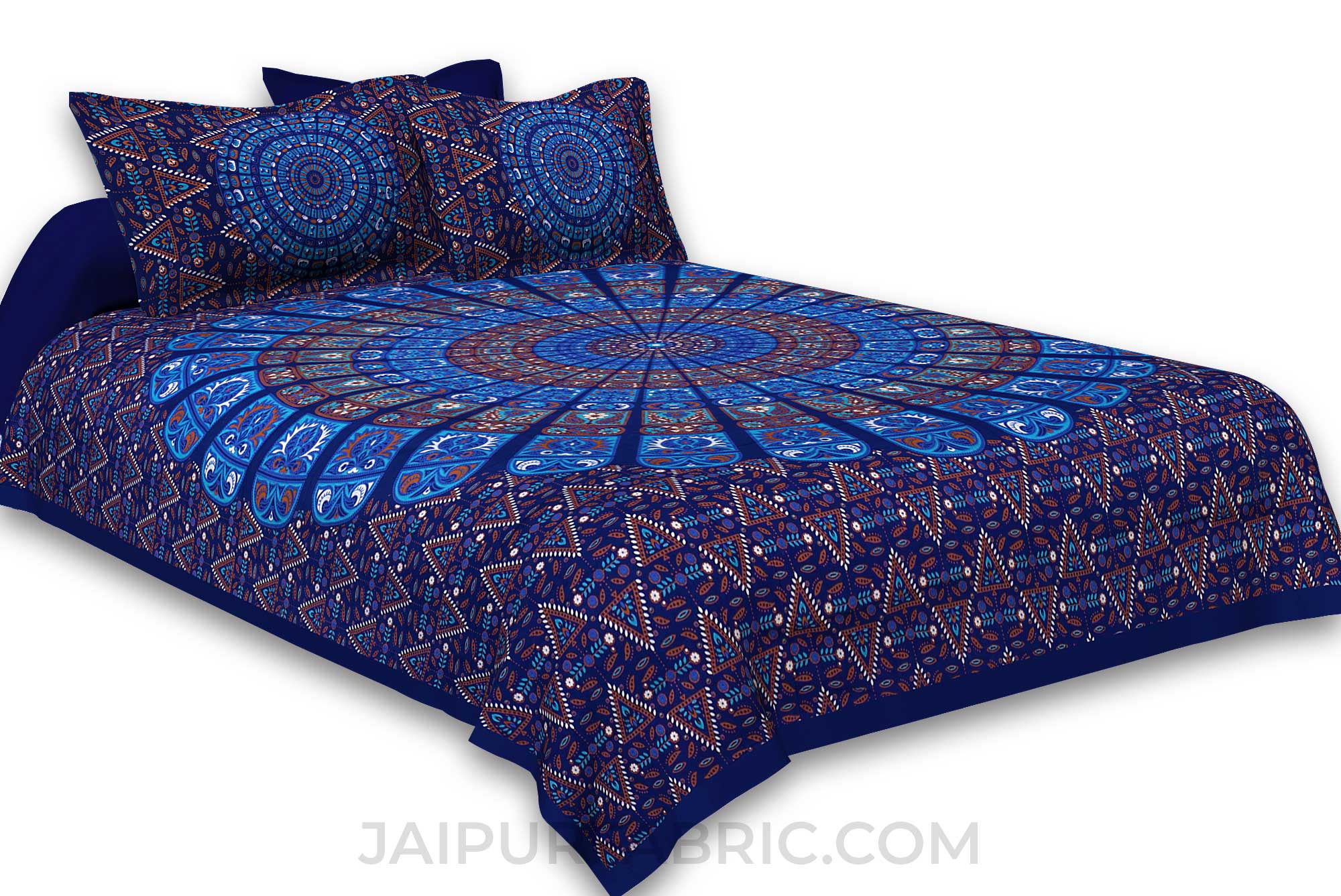 Pure Cotton Blue Mandala Zig Zag Print King Size Double Bedsheet With 2 Pillow Covers