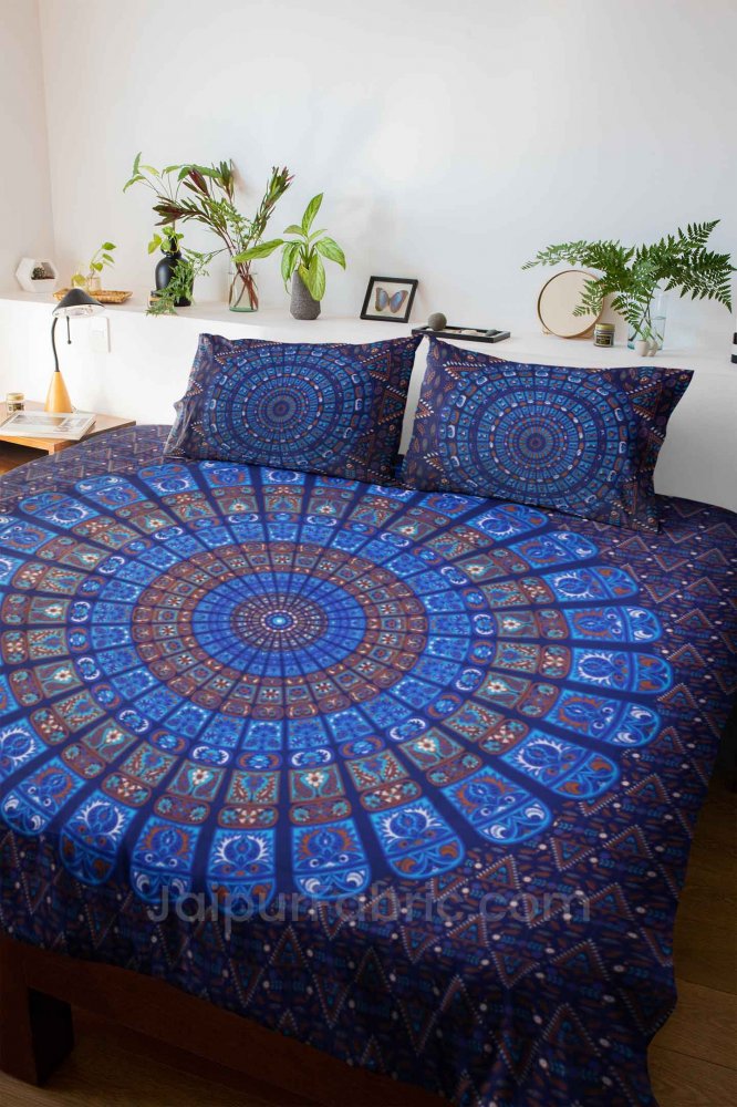 Pure Cotton Blue Mandala Zig Zag Print King Size Double Bedsheet With 2 Pillow Covers