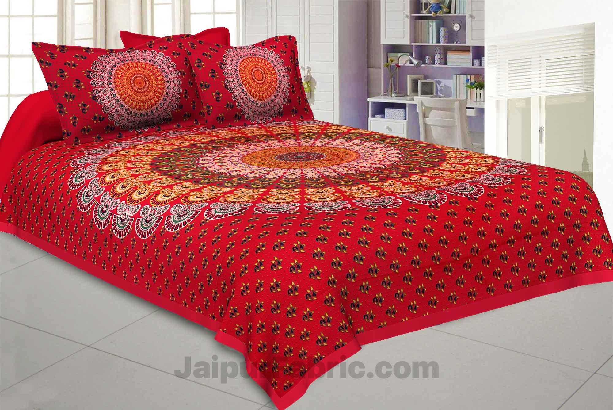 Pure Cotton Red Mandala Tapestry Floral Print King Size Double Bedsheet With 2 Pillow Covers