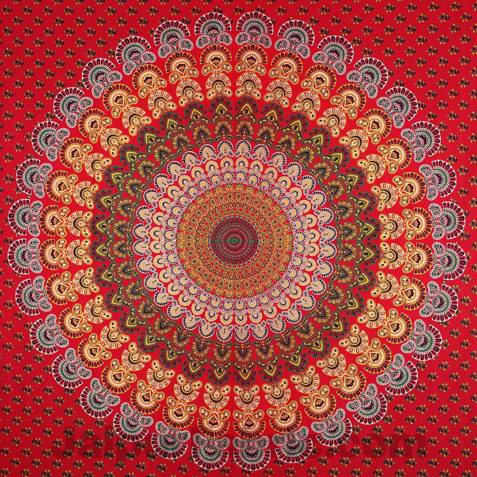 Pure Cotton Red Mandala Tapestry Floral Print King Size Double Bedsheet With 2 Pillow Covers