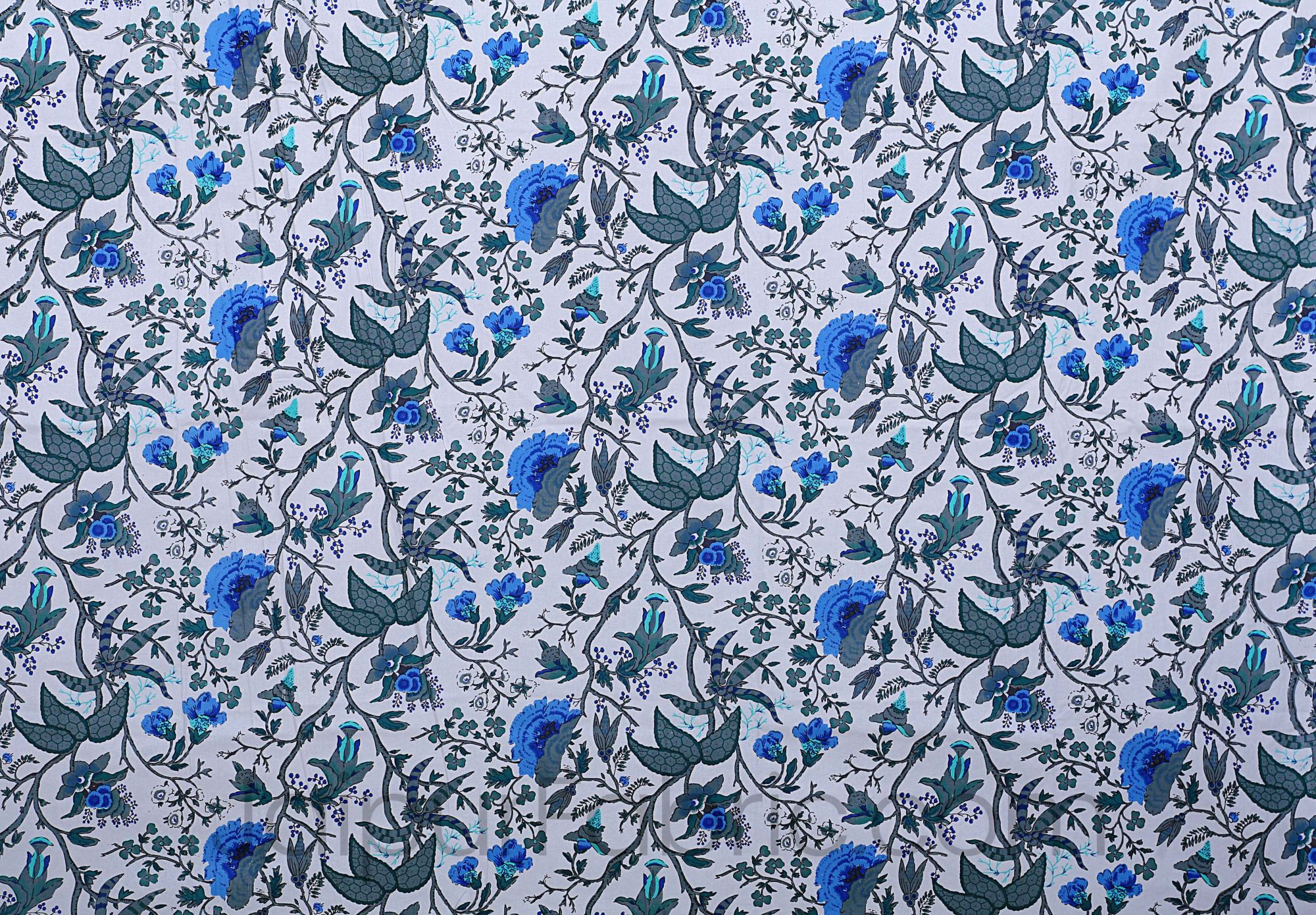 Blue Grey Floral Hand Block Print Off White Base Pure Cotton Bedsheet with 2 Pillow Covers