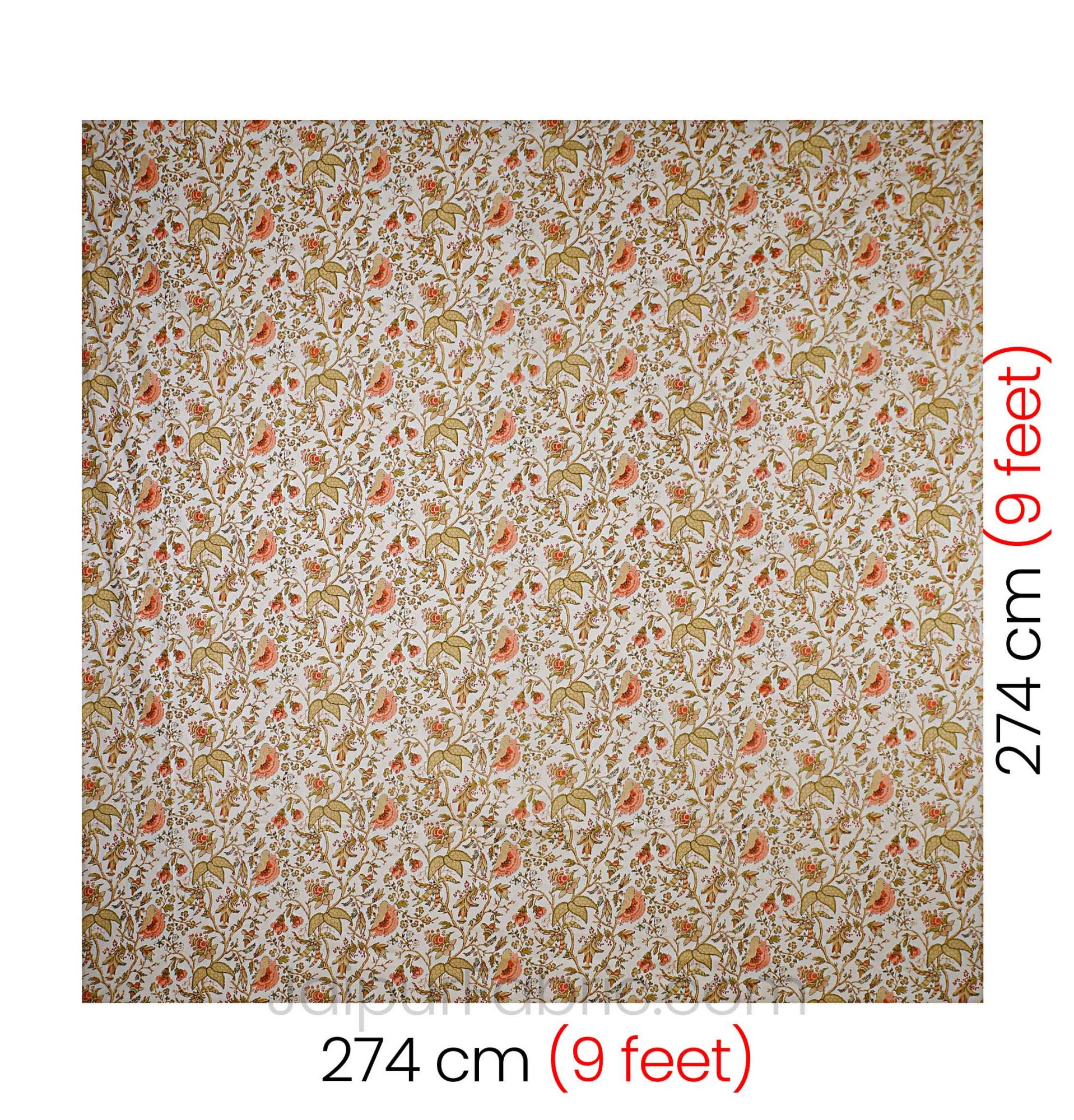 Peach Green Floral Hand Block print Off White Base Pure Cotton Bedsheet with 2 Pillow Covers