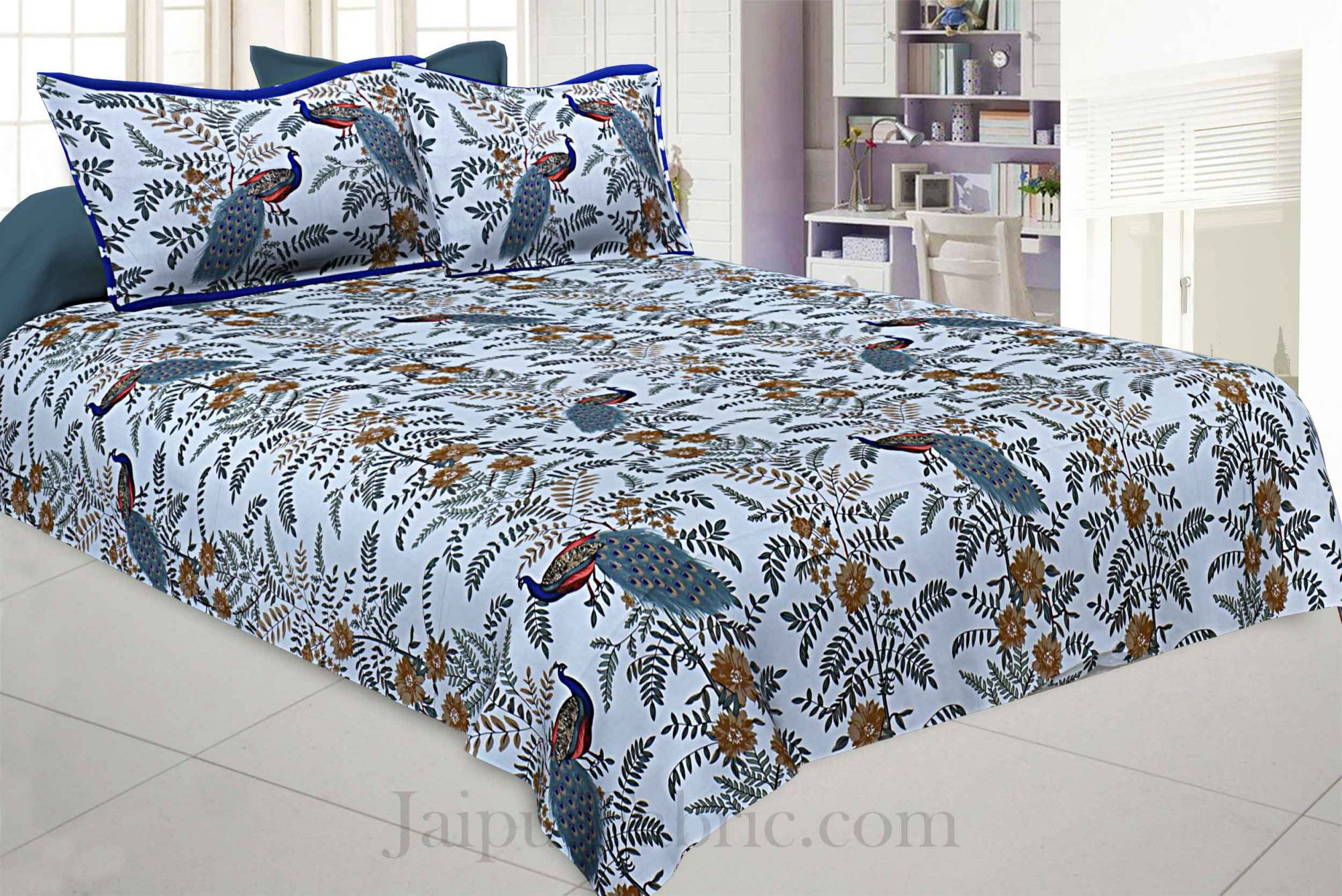 Beautiful Peacocks Blue Pure Cotton King Size Bedsheet