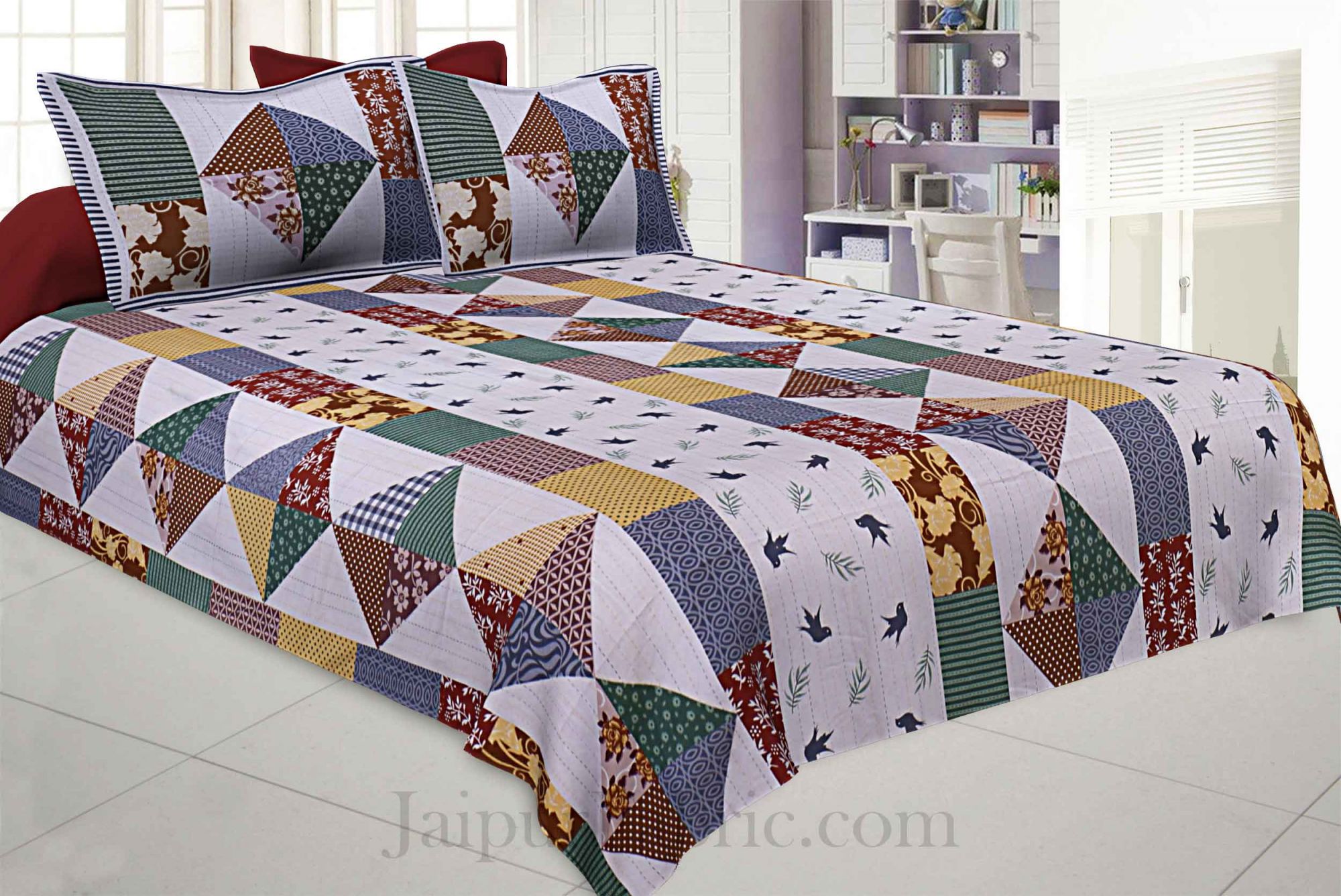 Barmeri Bird Print Beige Pure Cotton King Size Bedsheet