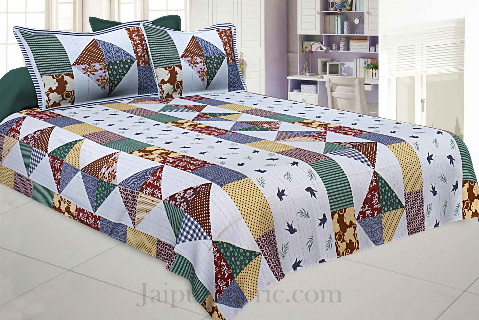 Barmeri Bird Print Green Pure Cotton King Size Bedsheet