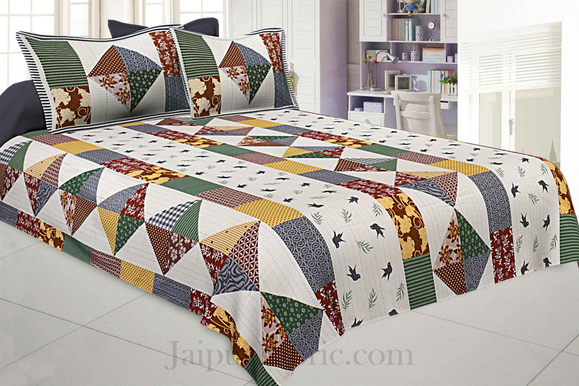 Barmeri Bird Print Cream Pure Cotton King Size Bedsheet