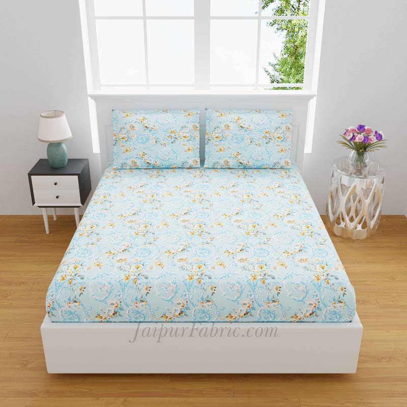 Miniflora Blue King Size Bedsheet With 2 Pillow Covers