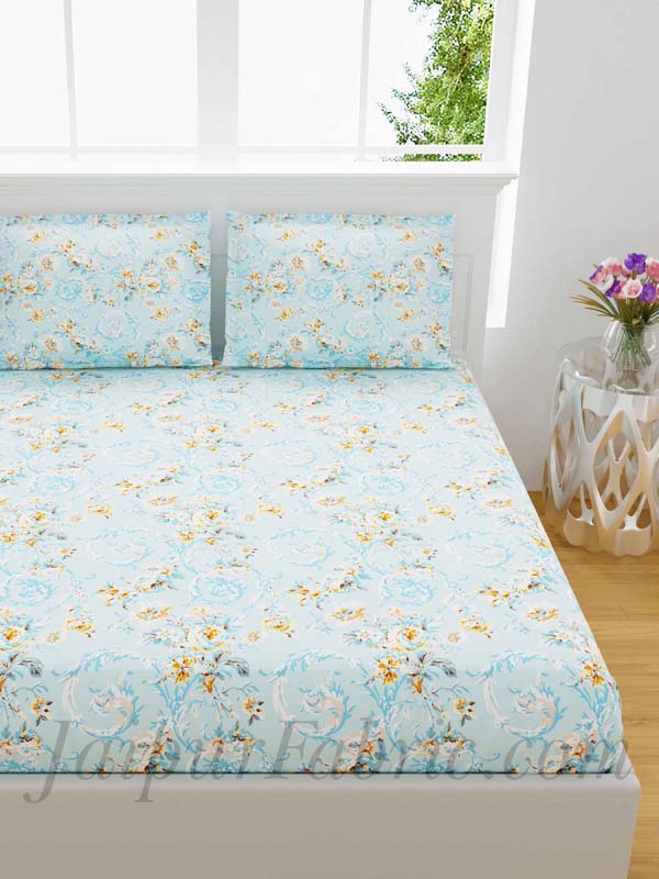 Miniflora Blue King Size Bedsheet With 2 Pillow Covers