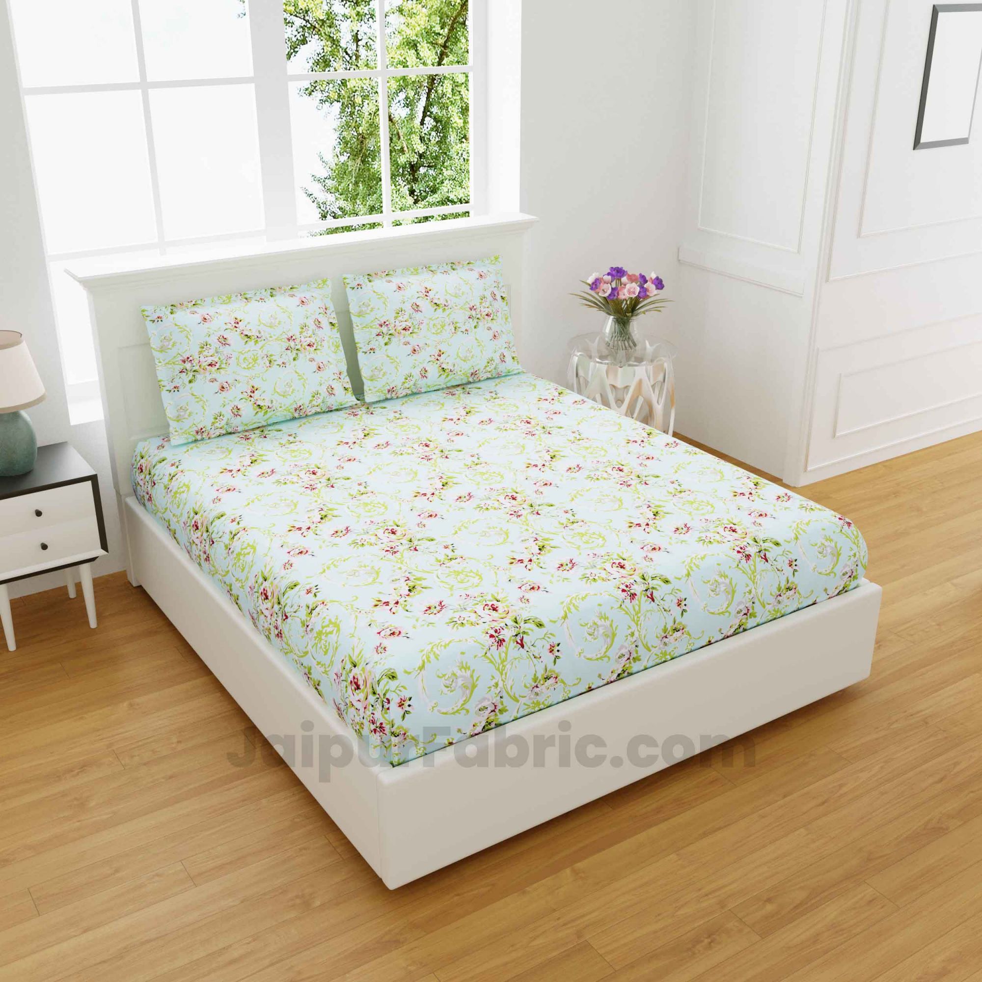 Miniflora Green King Size Bedsheet With 2 Pillow Covers