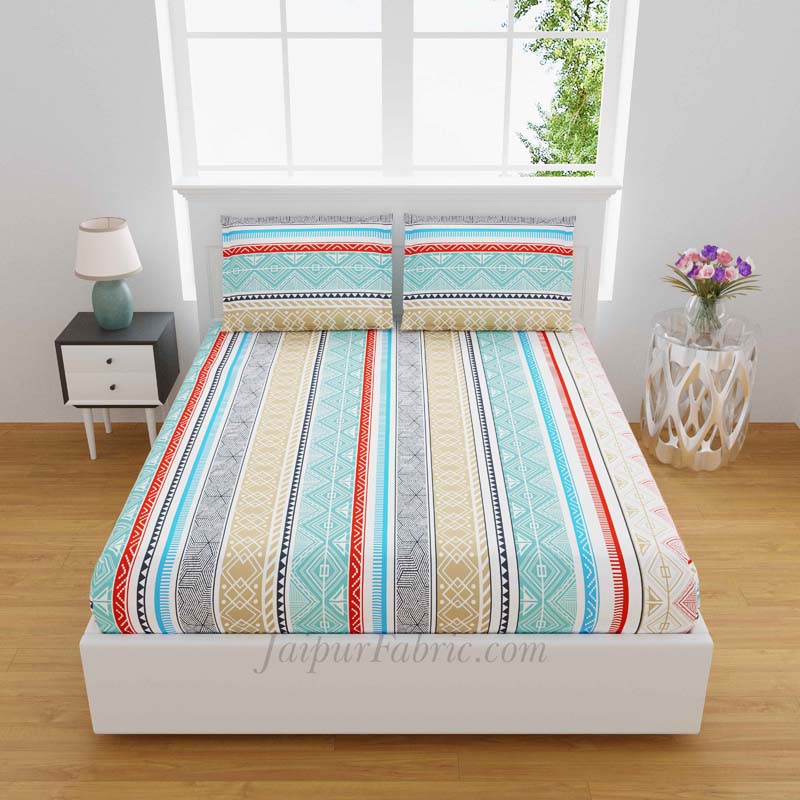 Isle Pattern Blue Multicolored King Size Bedsheet With 2 Pillow Covers