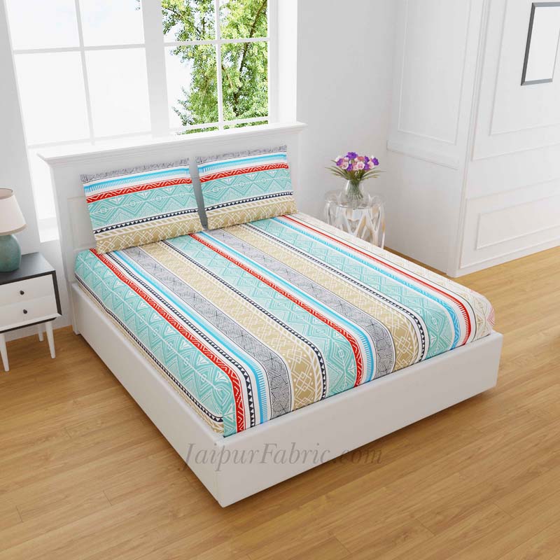 Isle Pattern Blue Multicolored King Size Bedsheet With 2 Pillow Covers