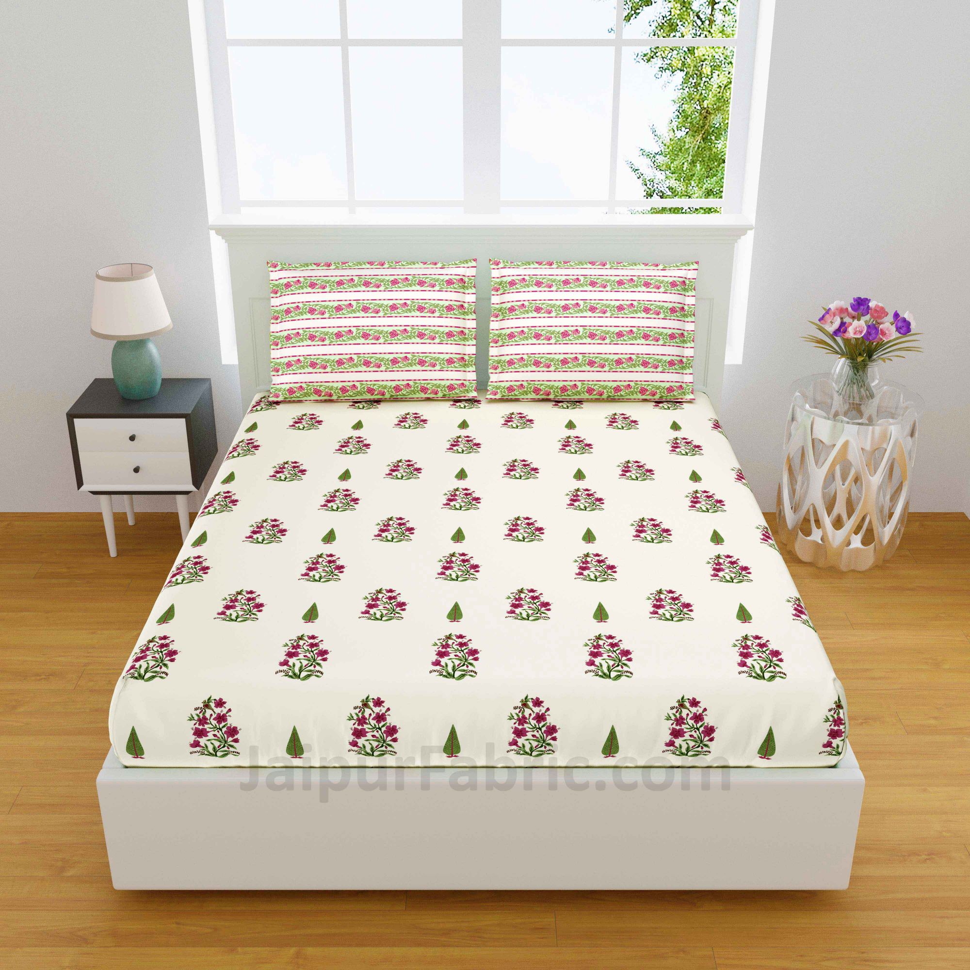 Cherry Green Boota Block Print Pure Cotton King Size Double BedSheet