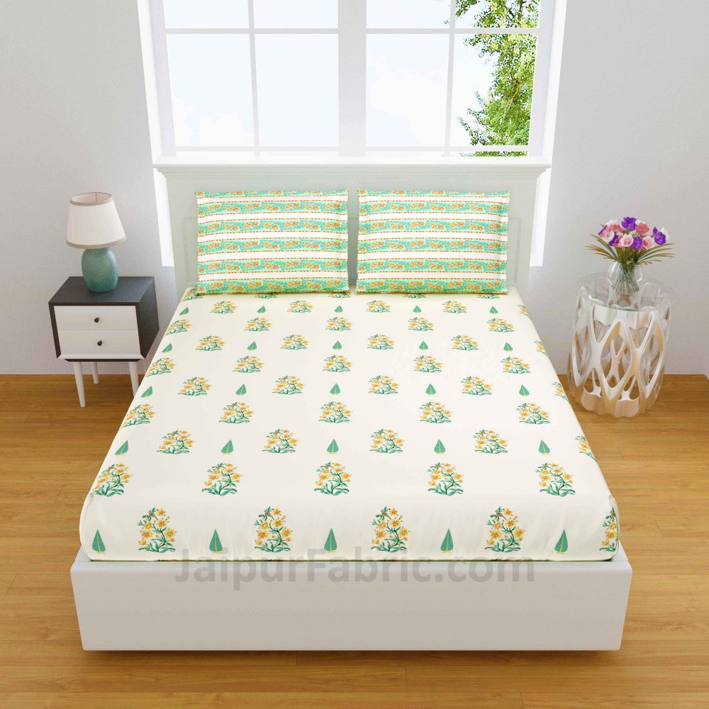 Yellow Pastel Boota Block Print Pure Cotton King Size Double BedSheet