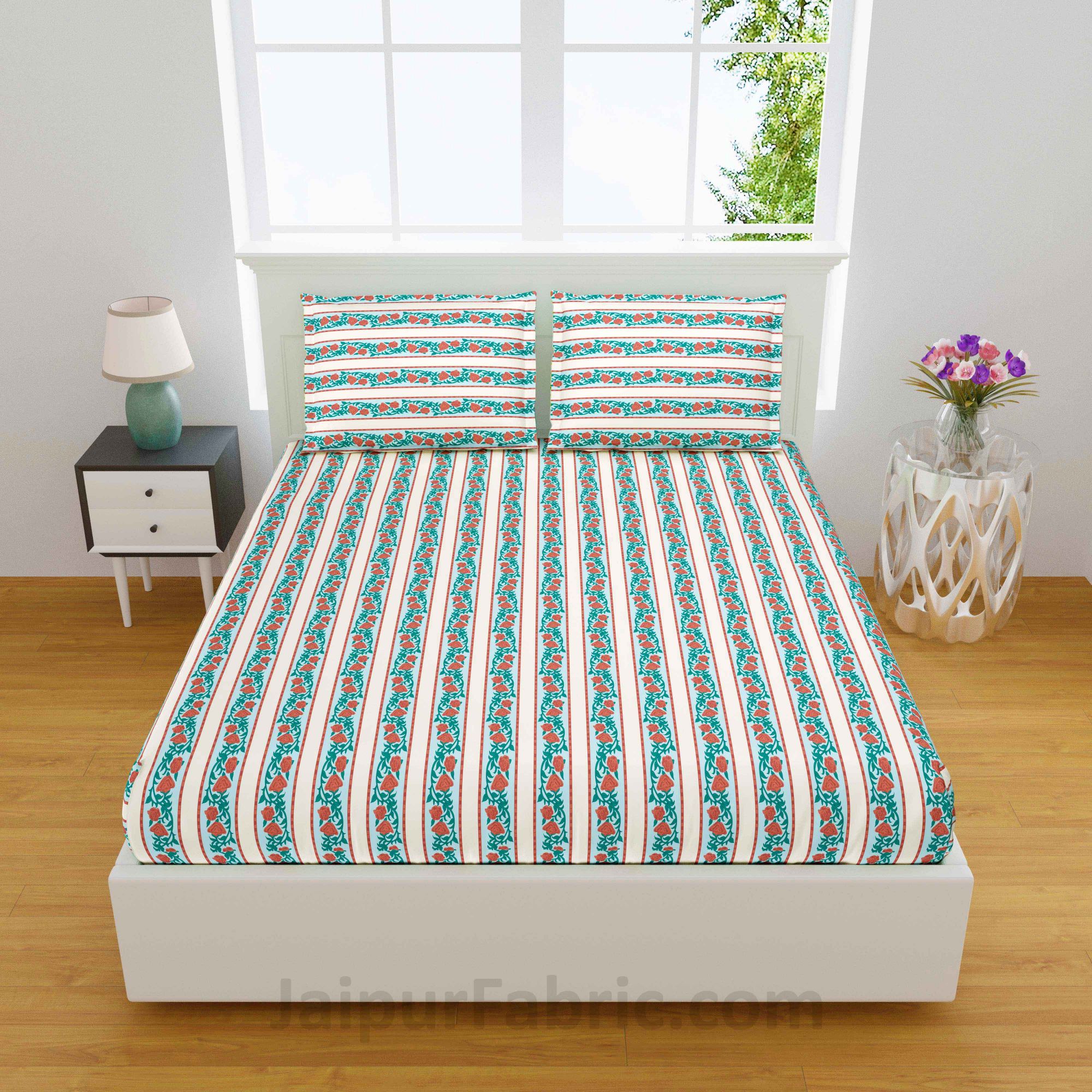 Stripes Peach Turquoise Boota Block Print Pure Cotton King Size Double BedSheet