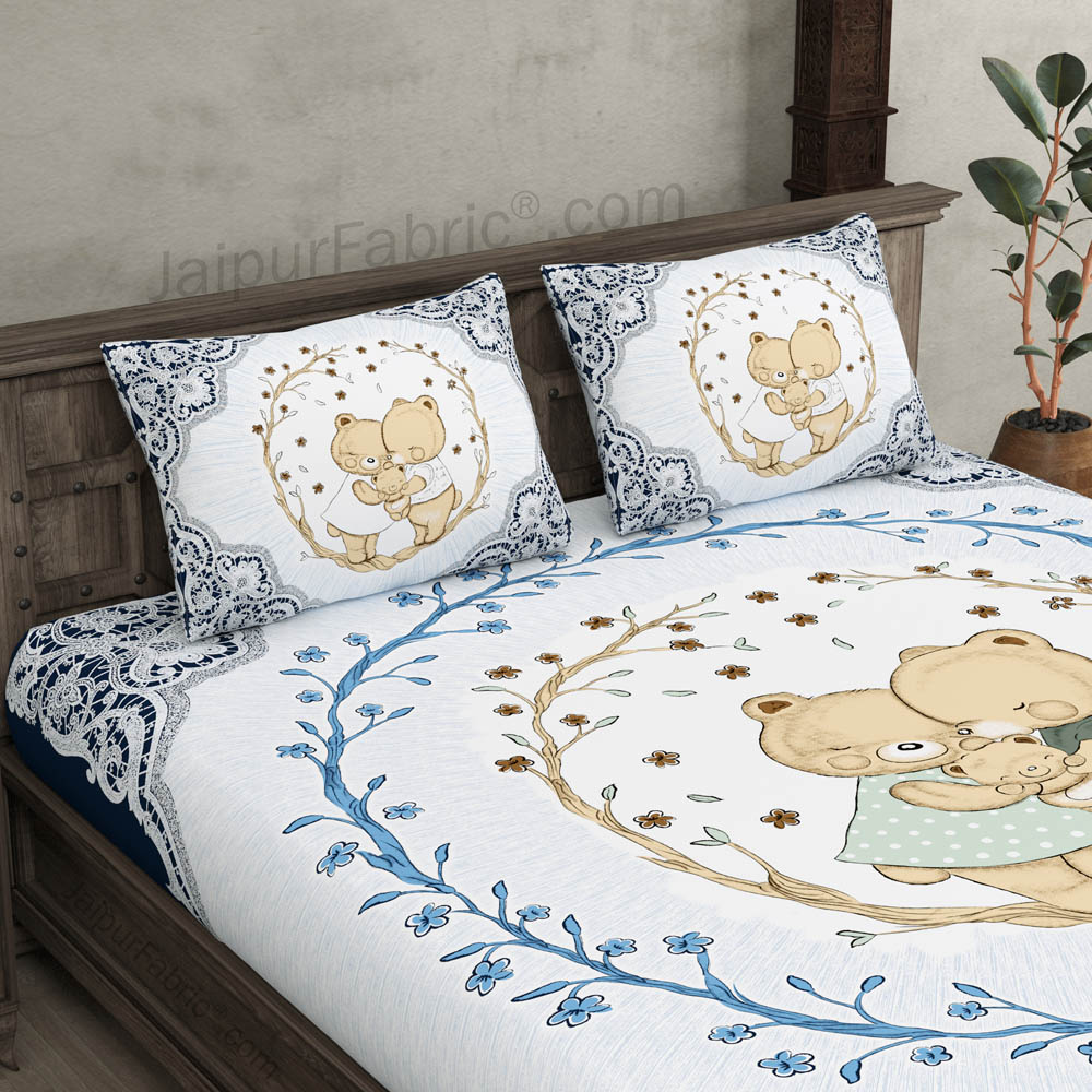 Kids Teddy Family Blue King Size Bedsheet