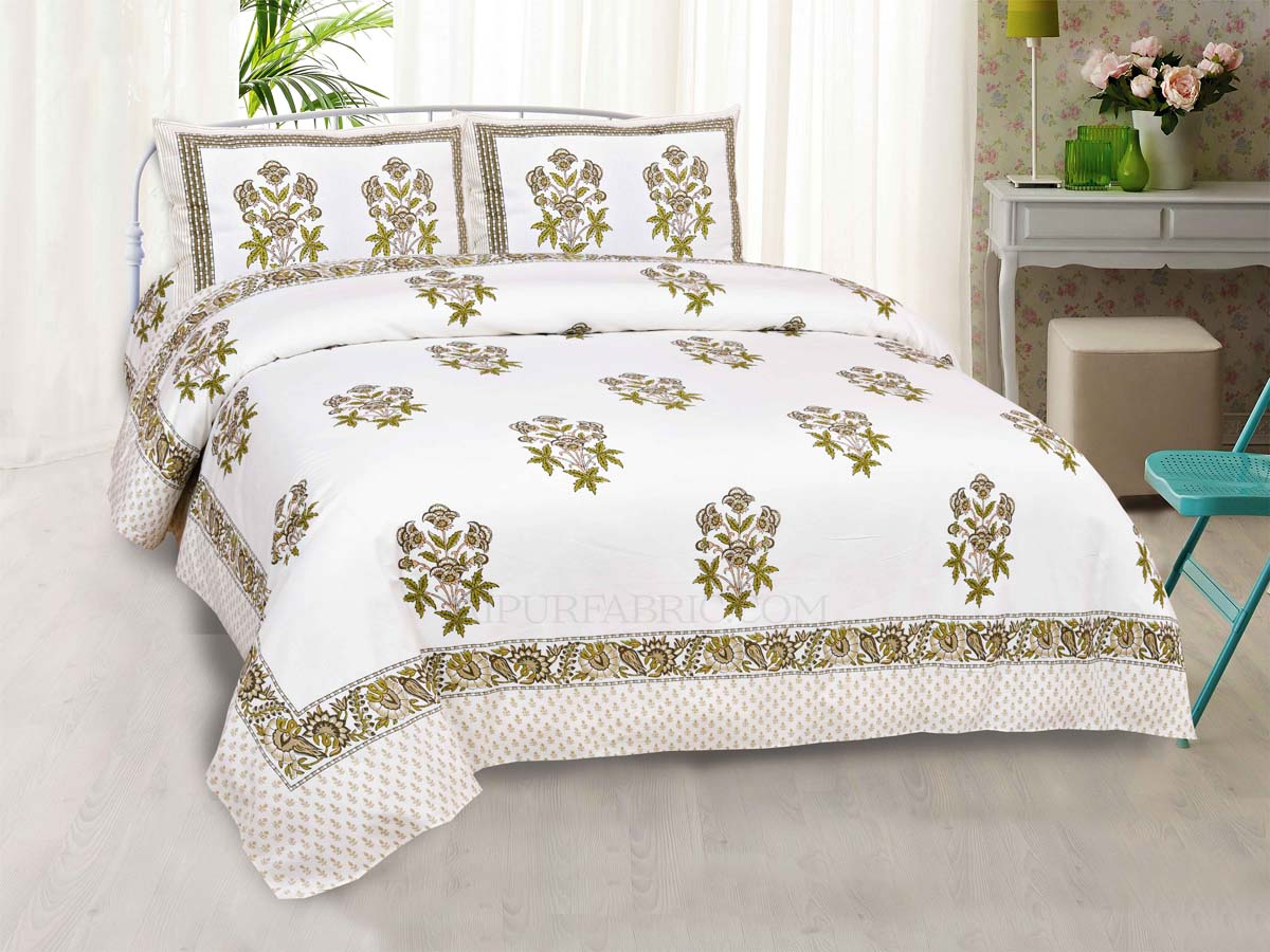 Green Rajasthan Royal Super Fine Cotton Block Print King Size Bedsheet