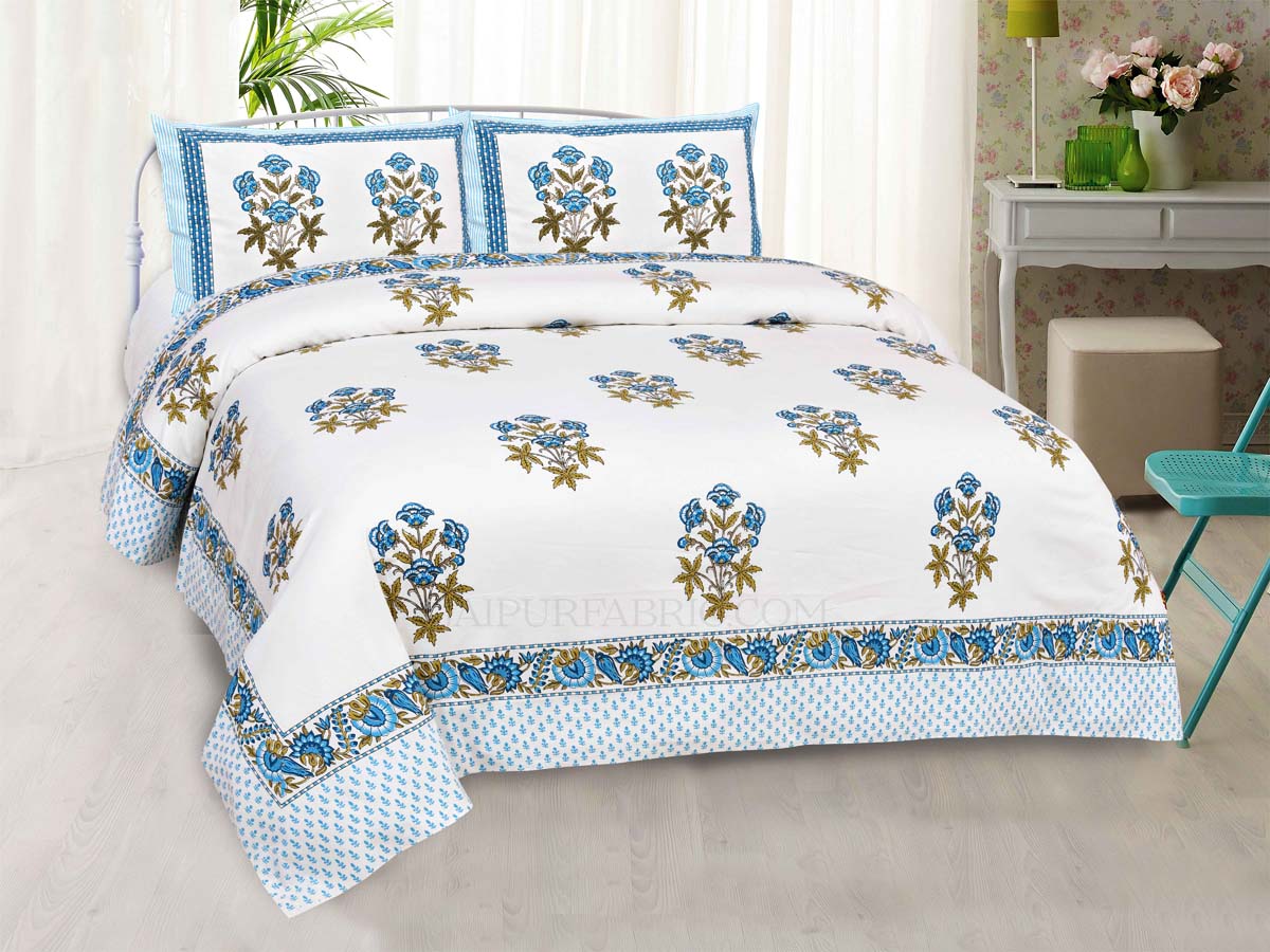 Blue Rajasthan Royal Super Fine Cotton Block Print King Size Bedsheet